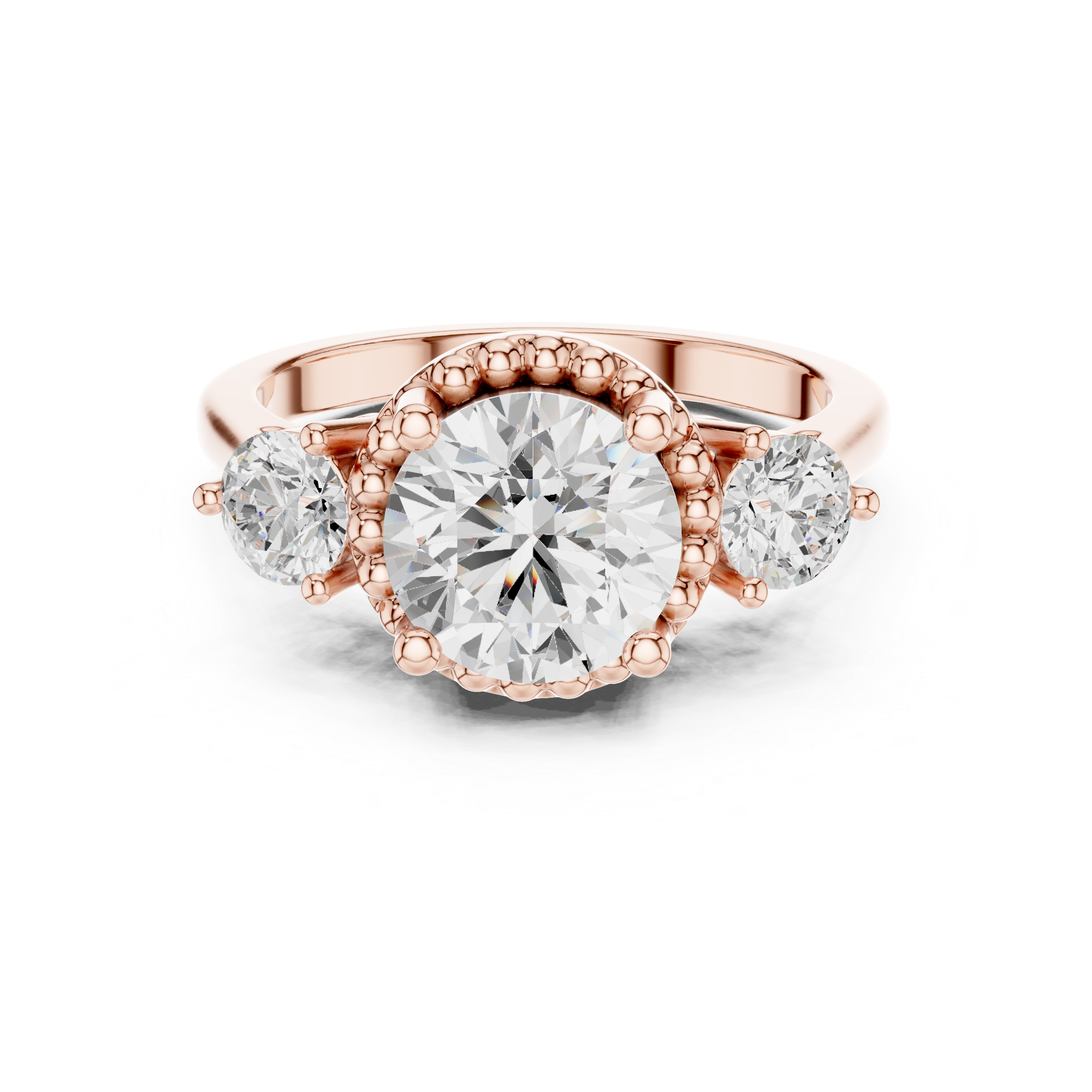 Round Three-Stone Engagement Ring with Beaded Frame and Decorative Open Gallery
