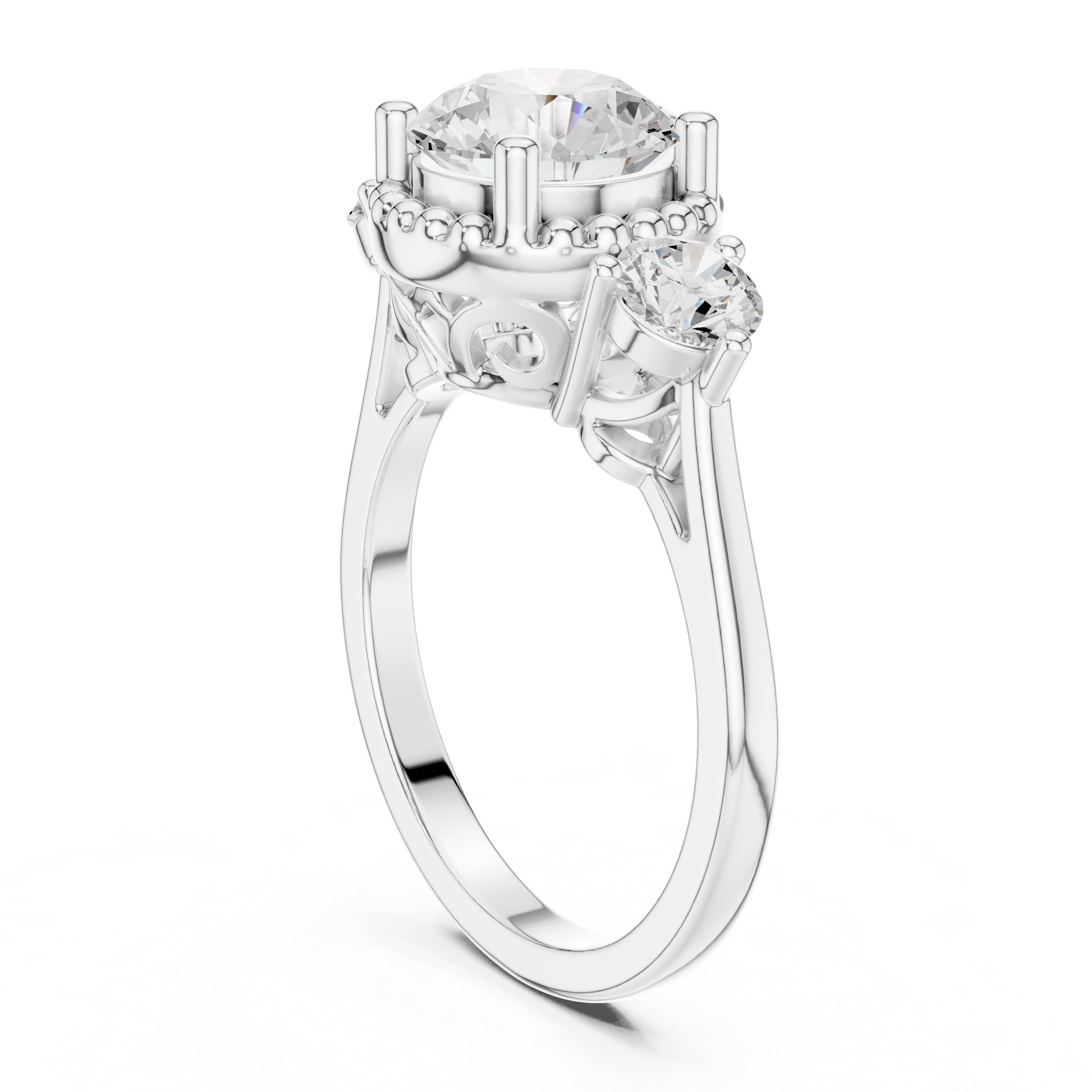 Round Three-Stone Engagement Ring with Beaded Frame and Decorative Open Gallery