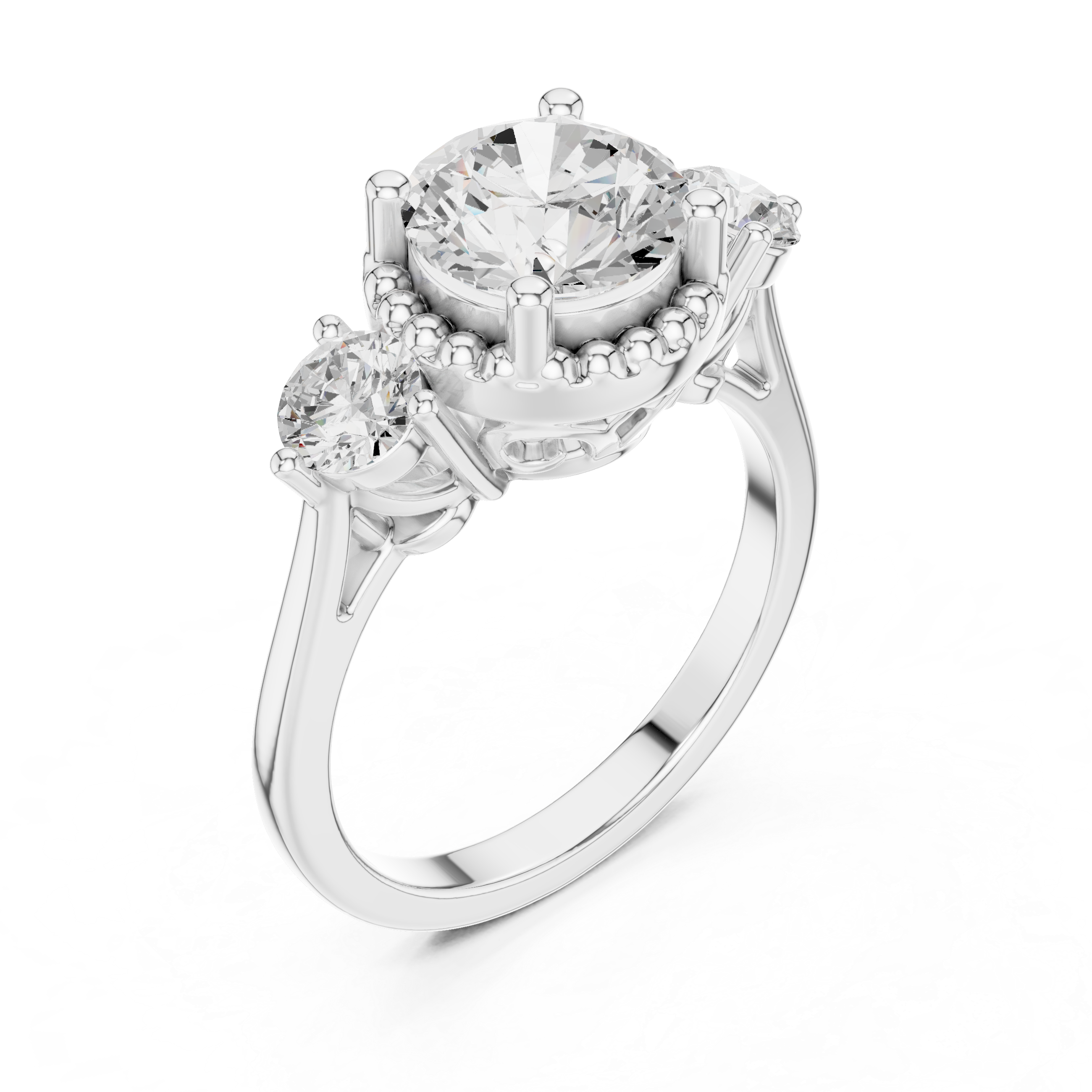 Round Three-Stone Engagement Ring with Beaded Frame and Decorative Open Gallery