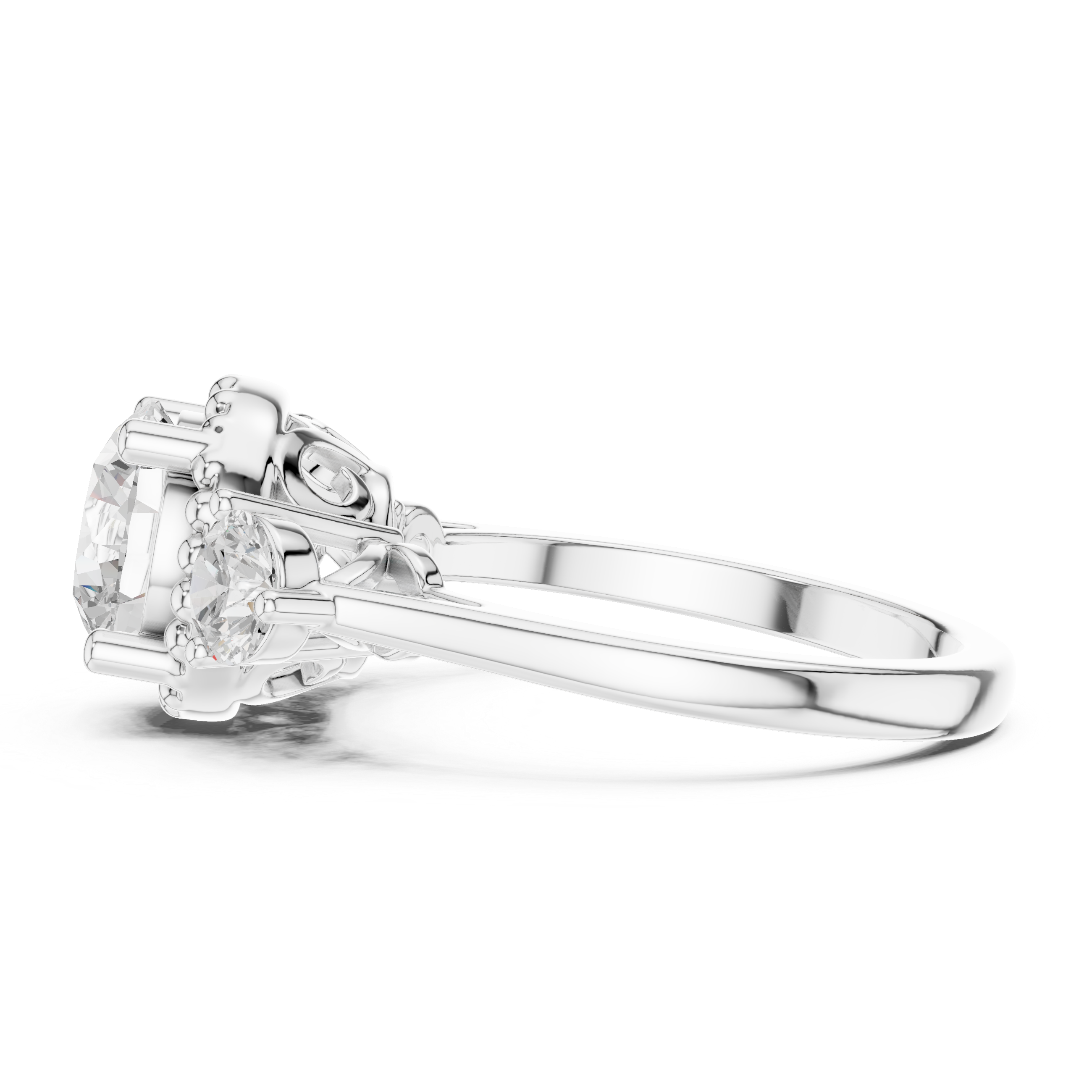 Round Three-Stone Engagement Ring with Beaded Frame and Decorative Open Gallery