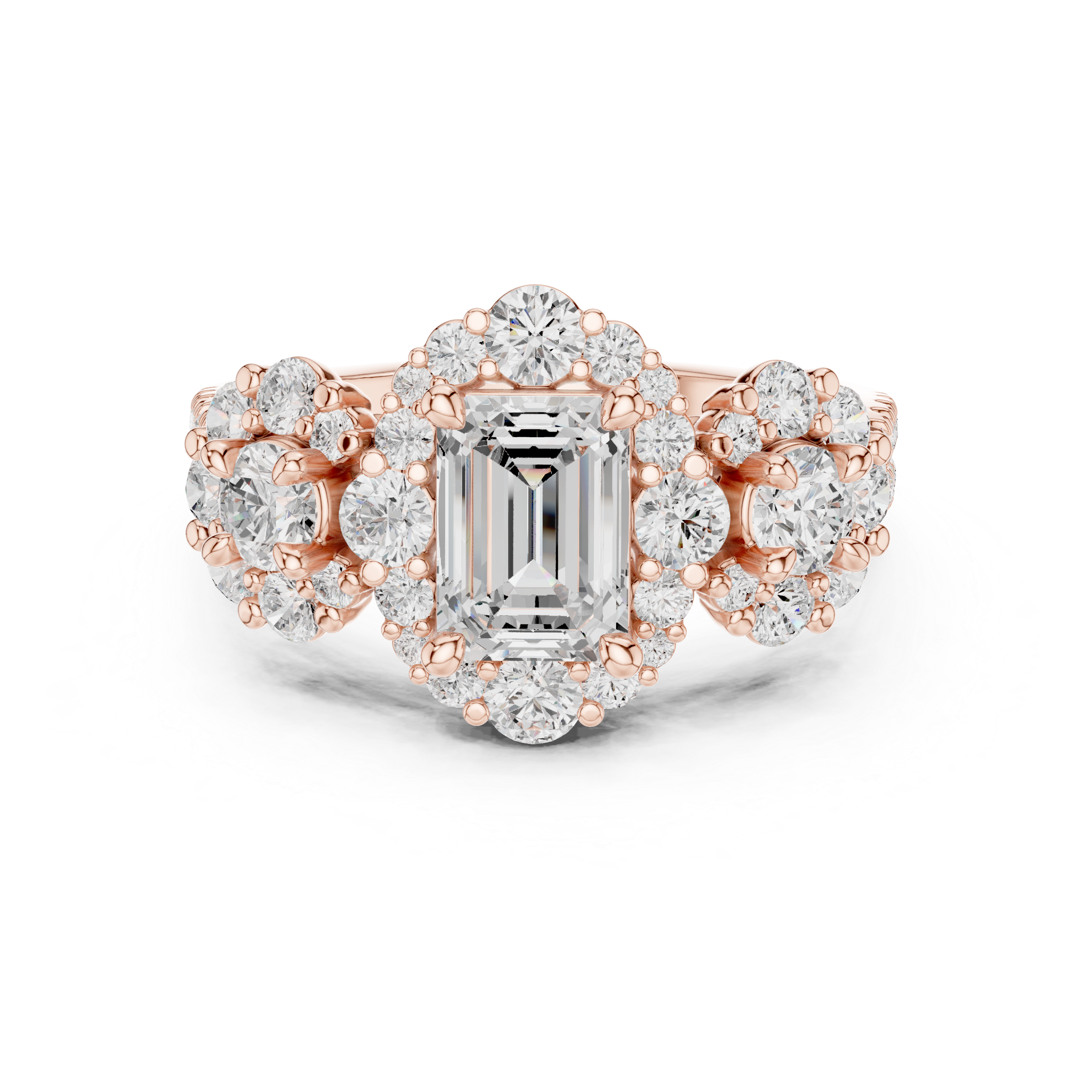 Emerald-Cut Floral Cluster Engagement Ring with Round Diamond Accents