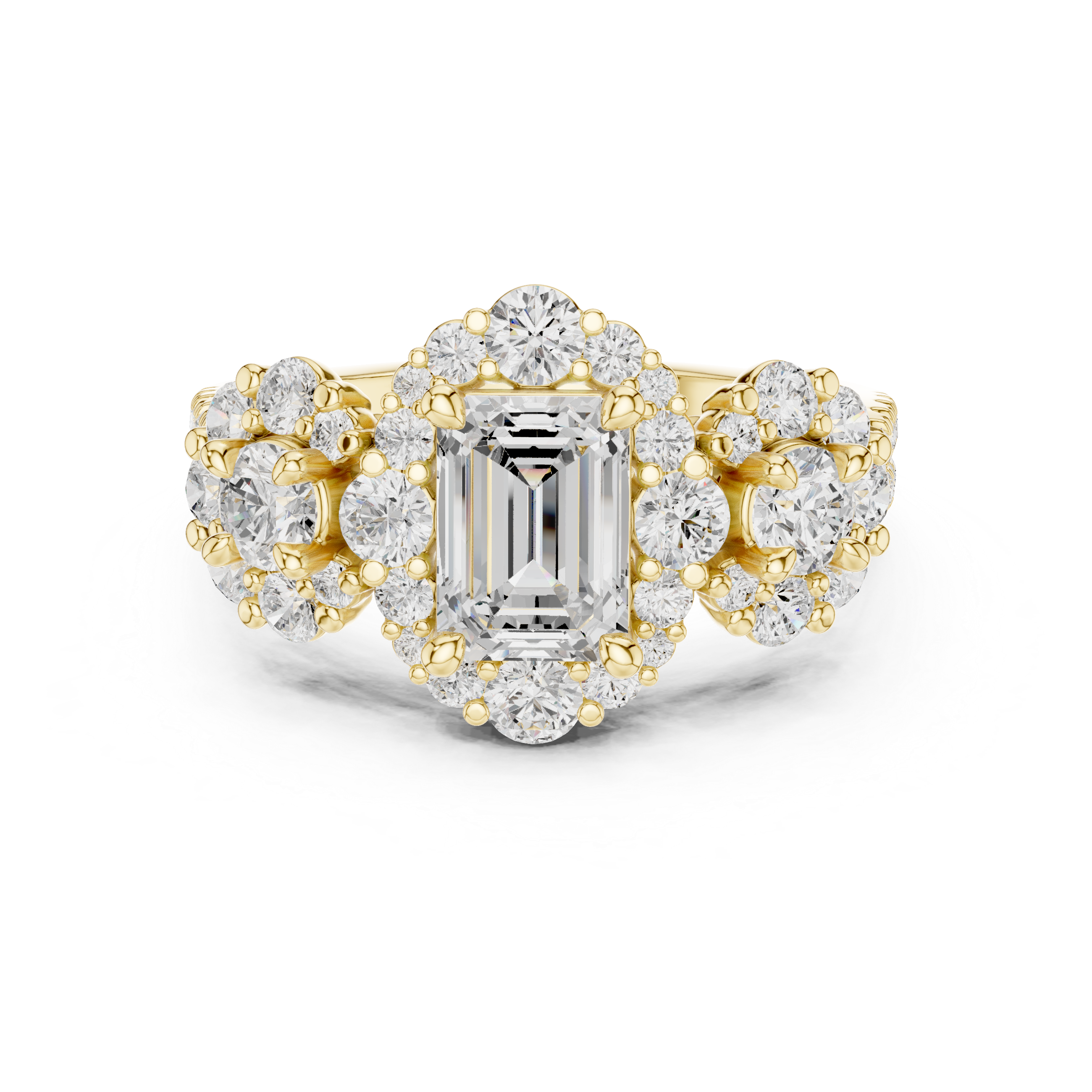 Emerald-Cut Floral Cluster Engagement Ring with Round Diamond Accents