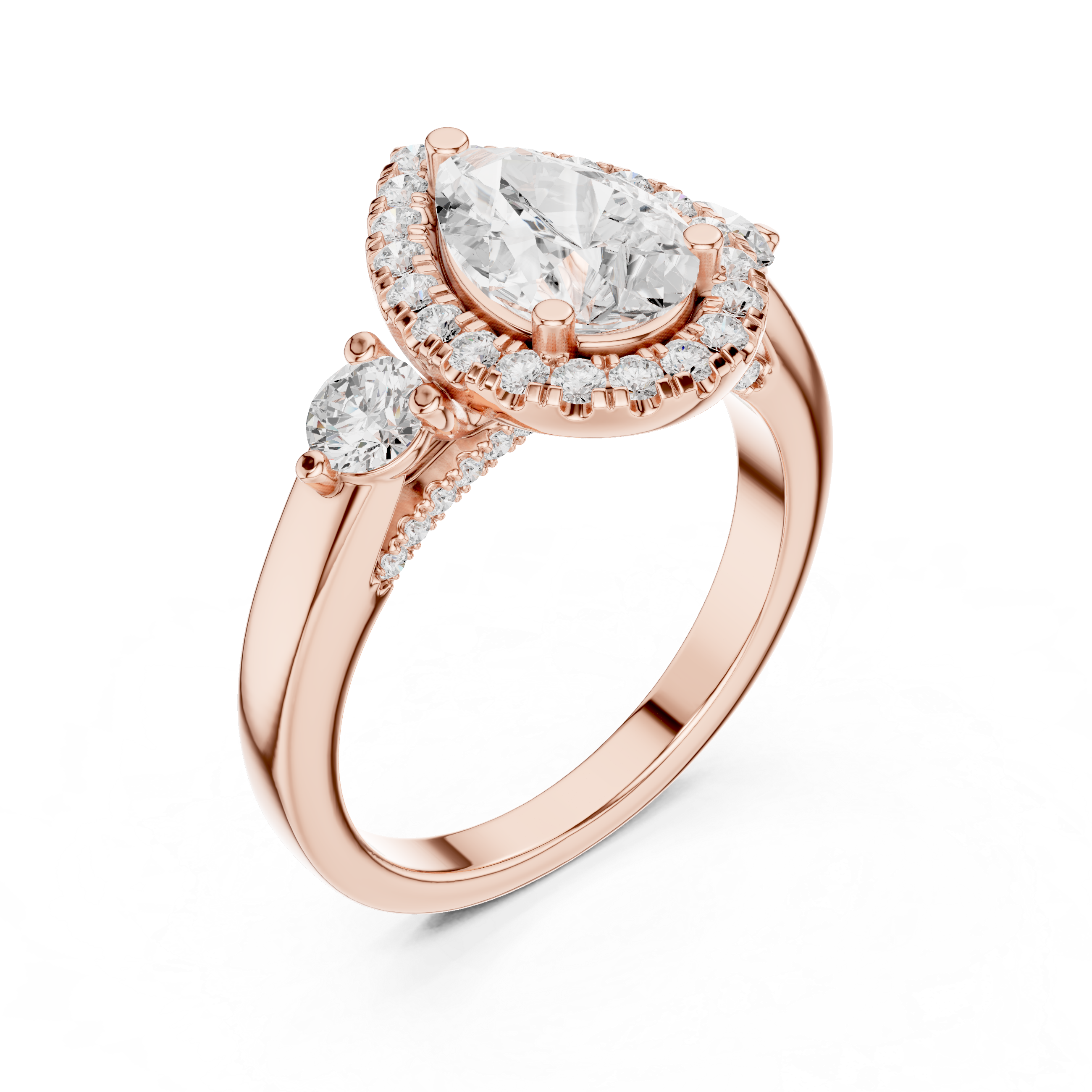 Pear-Cut Halo Three-Stone Engagement Ring with Round Side Stones