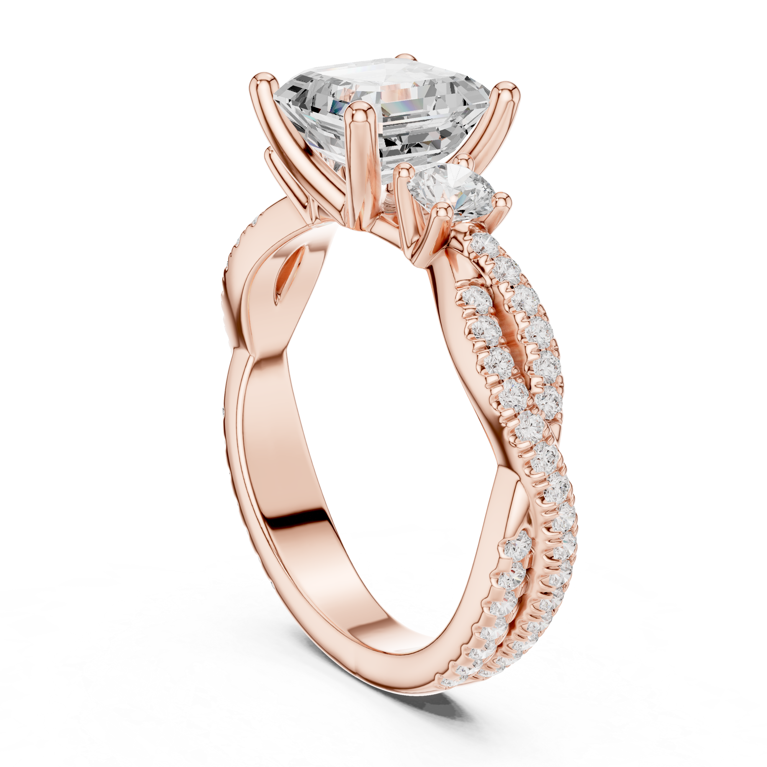 Twisted Pavé Asscher Cut Three Stone Engagement Ring