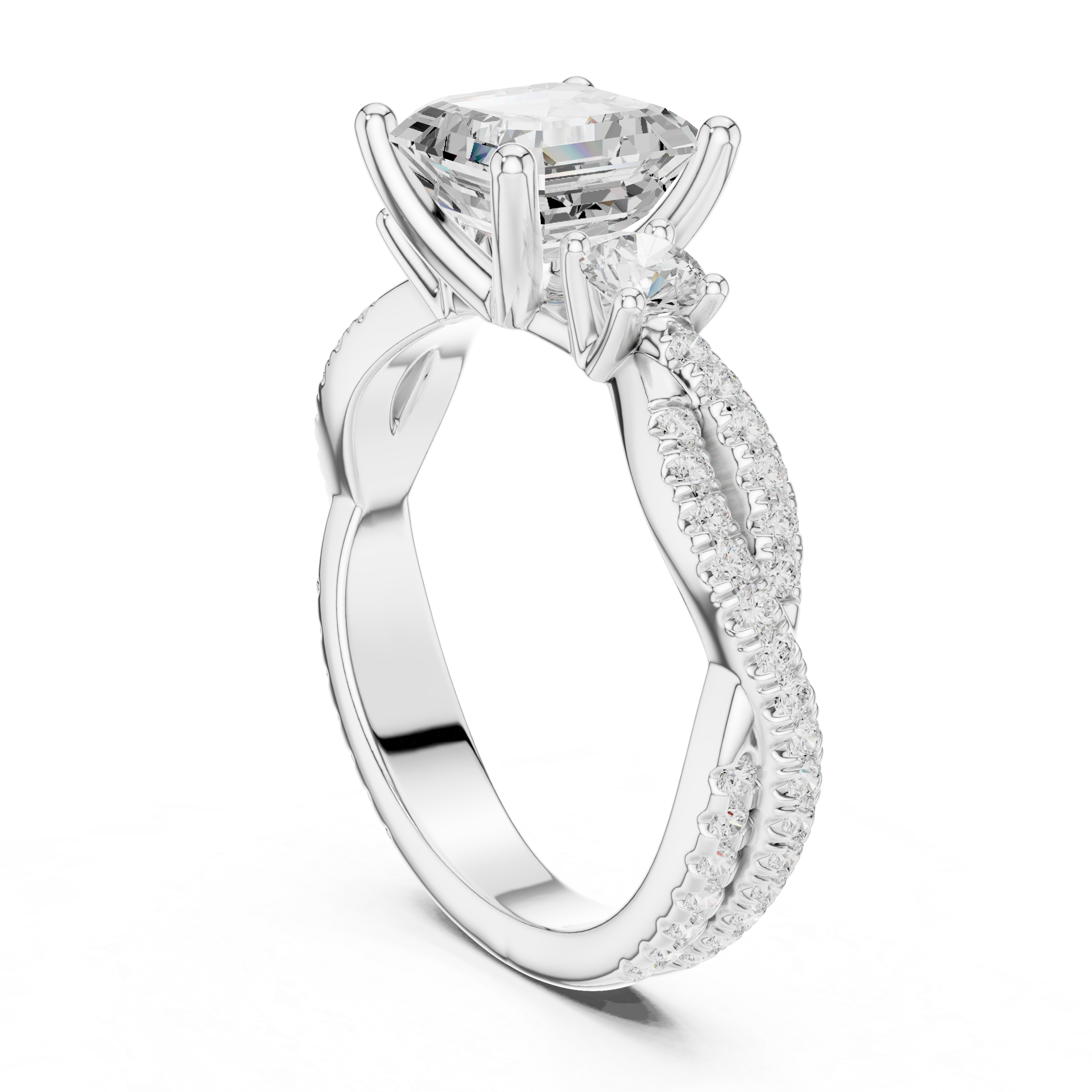 Twisted Pavé Asscher Cut Three Stone Engagement Ring