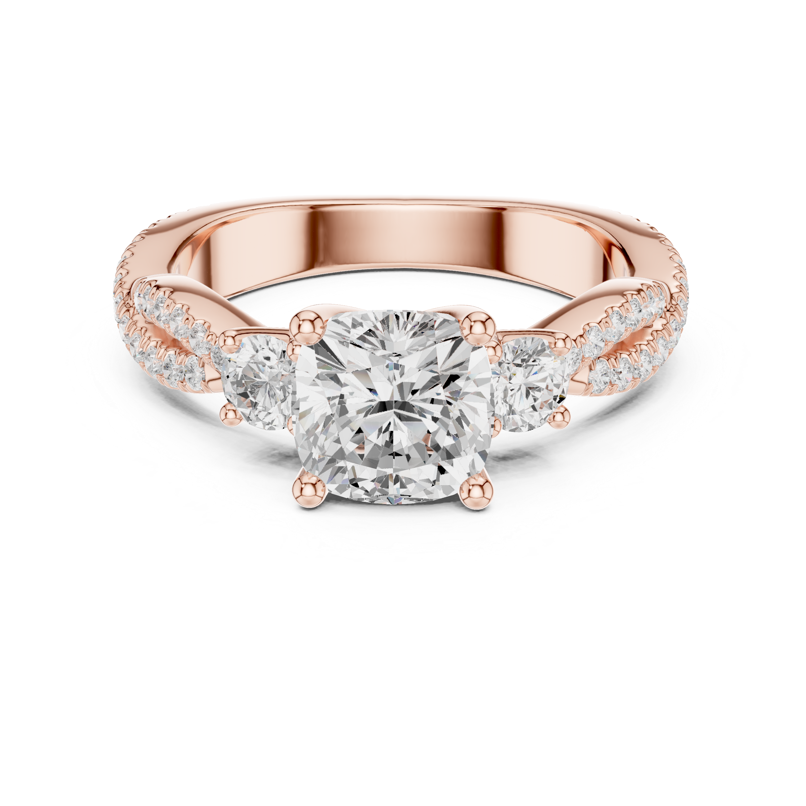 Twisted Pavé Cushion Cut Three Stone Engagement Ring