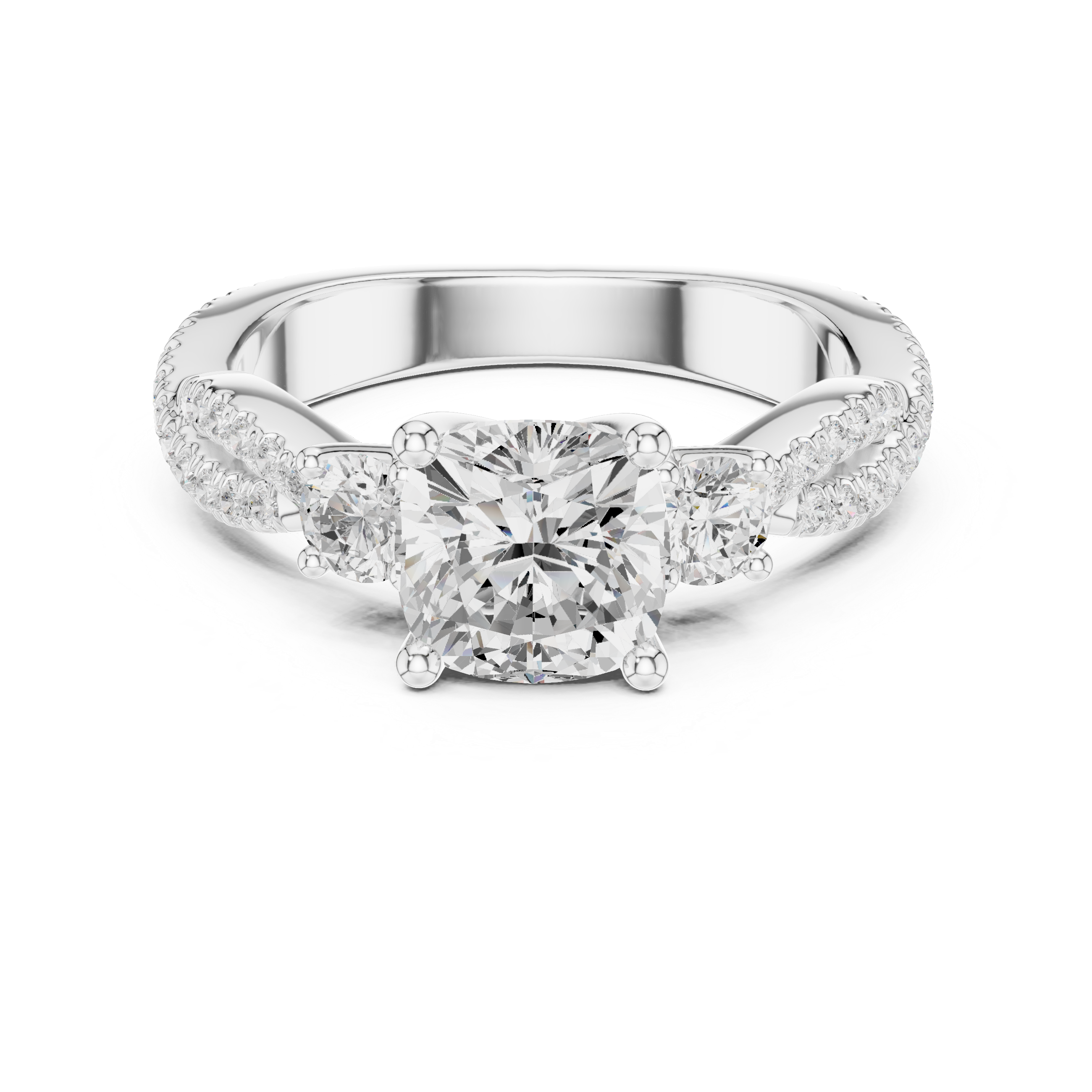 Twisted Pavé Cushion Cut Three Stone Engagement Ring