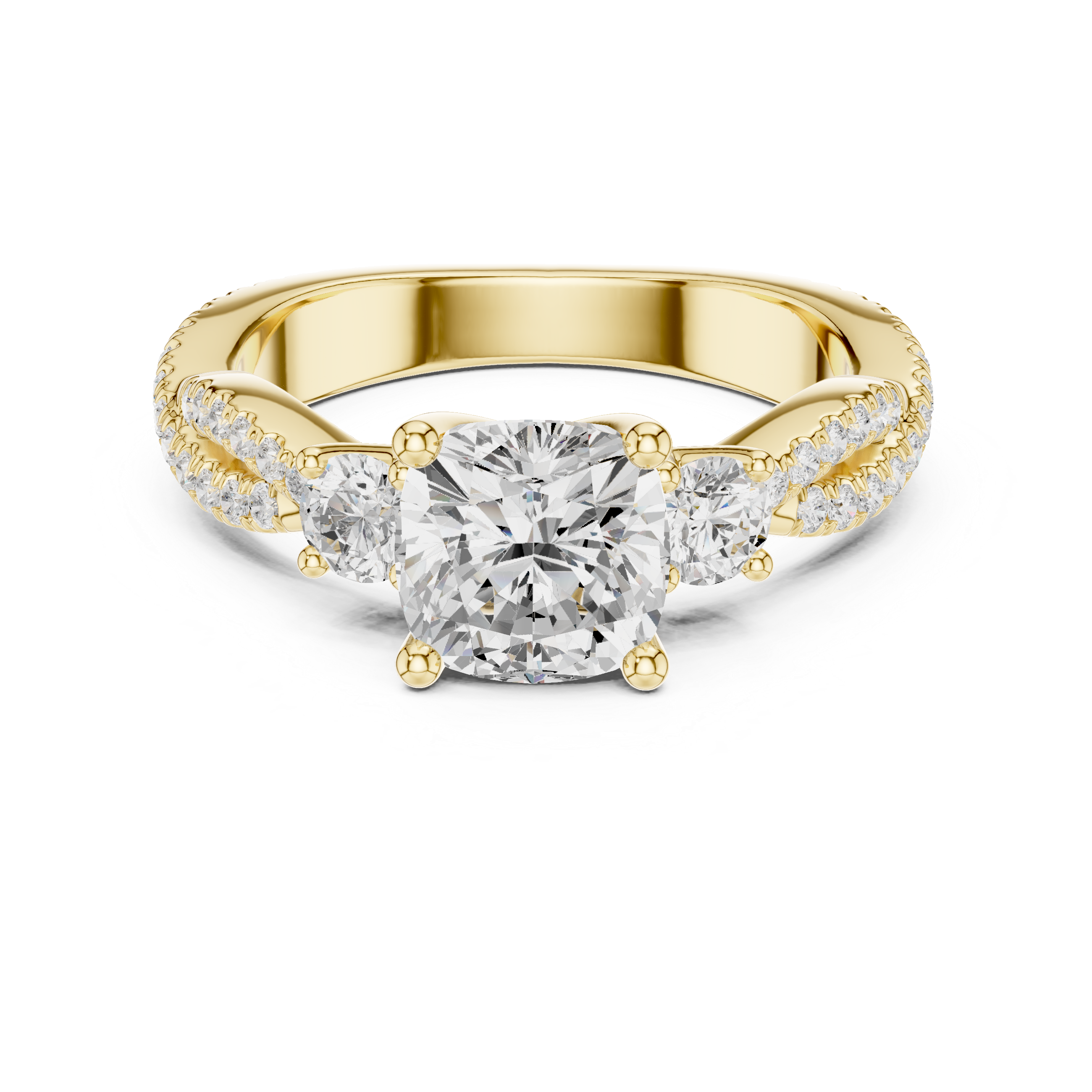 Twisted Pavé Cushion Cut Three Stone Engagement Ring