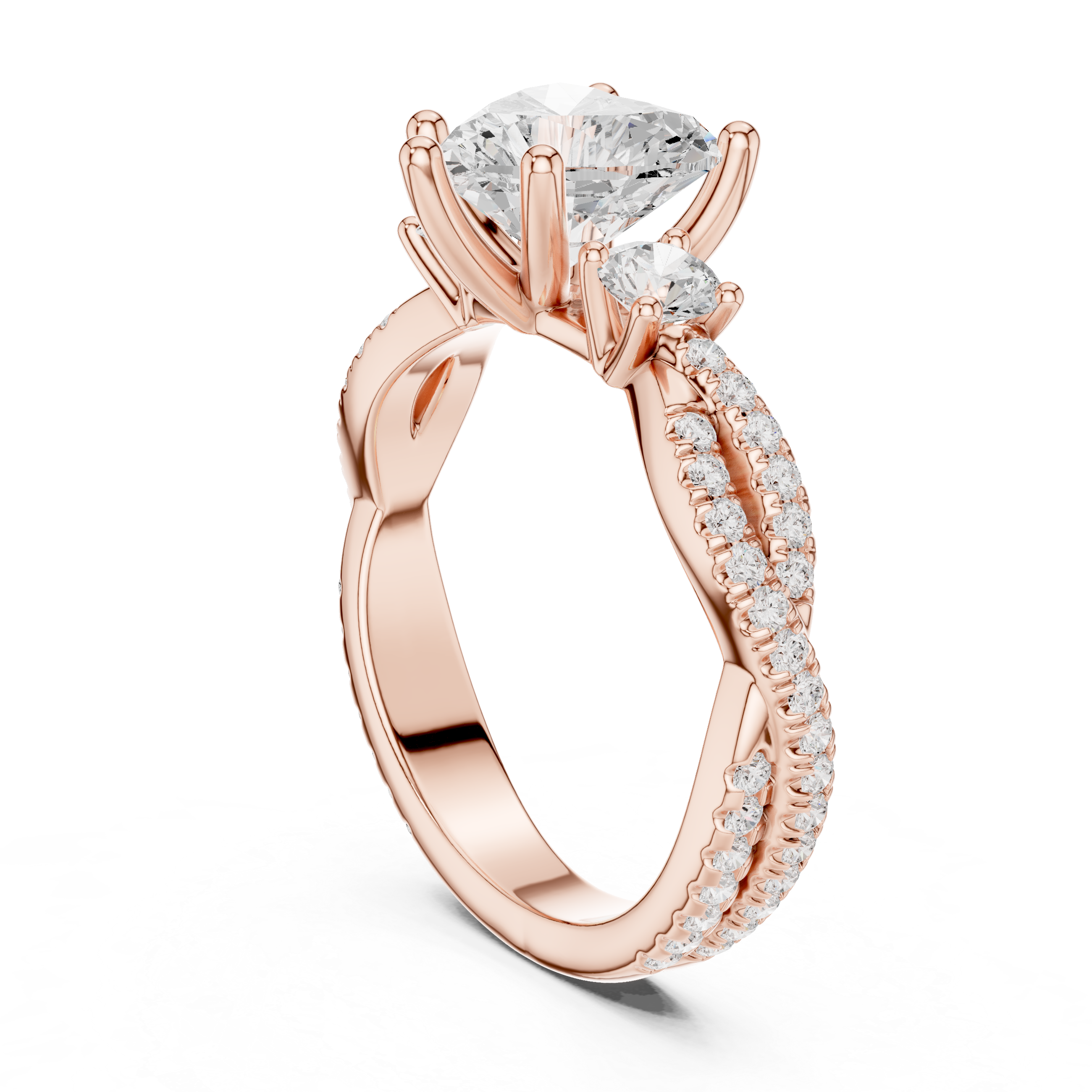Twisted Pavé Heart Cut Three Stone Engagement Ring
