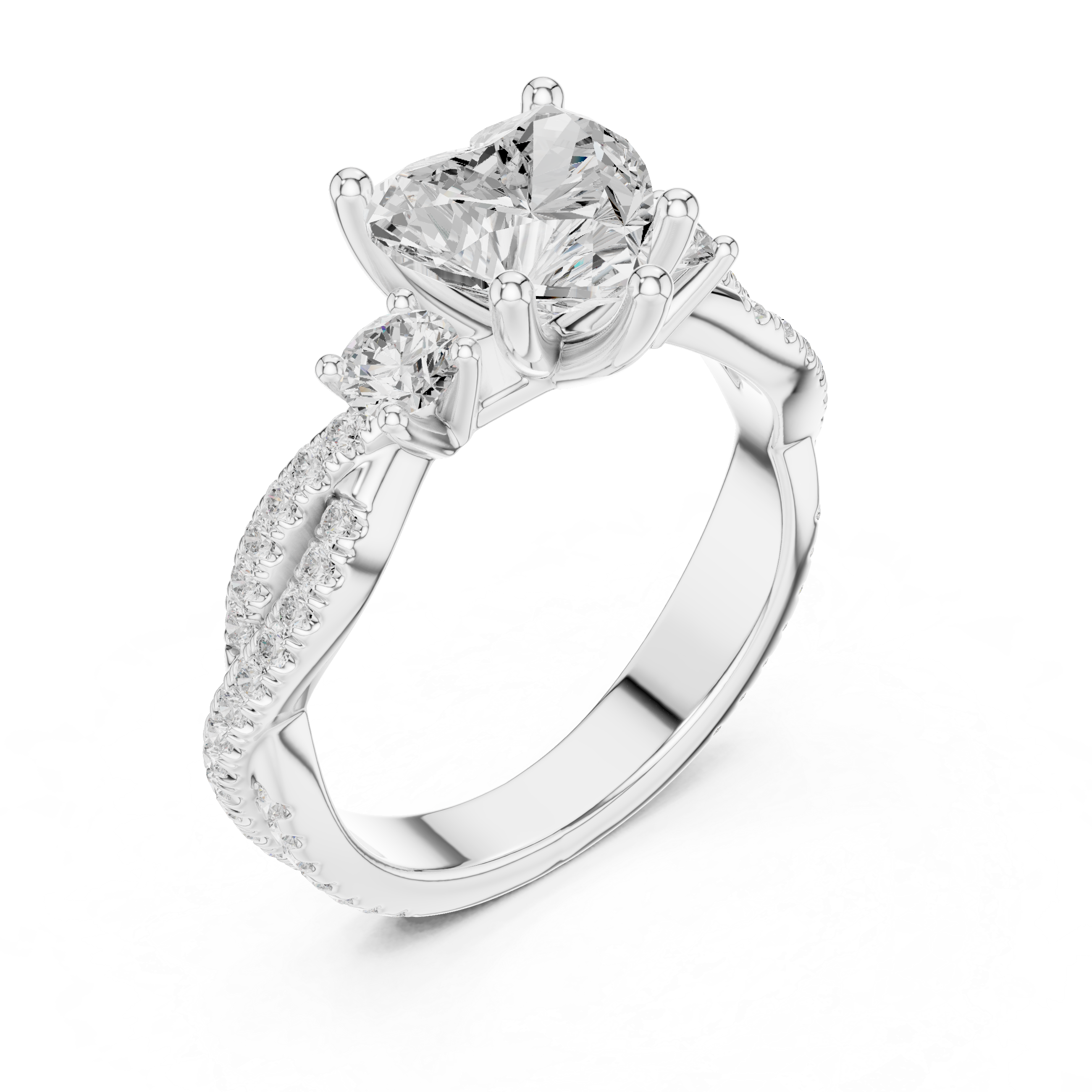Twisted Pavé Heart Cut Three Stone Engagement Ring