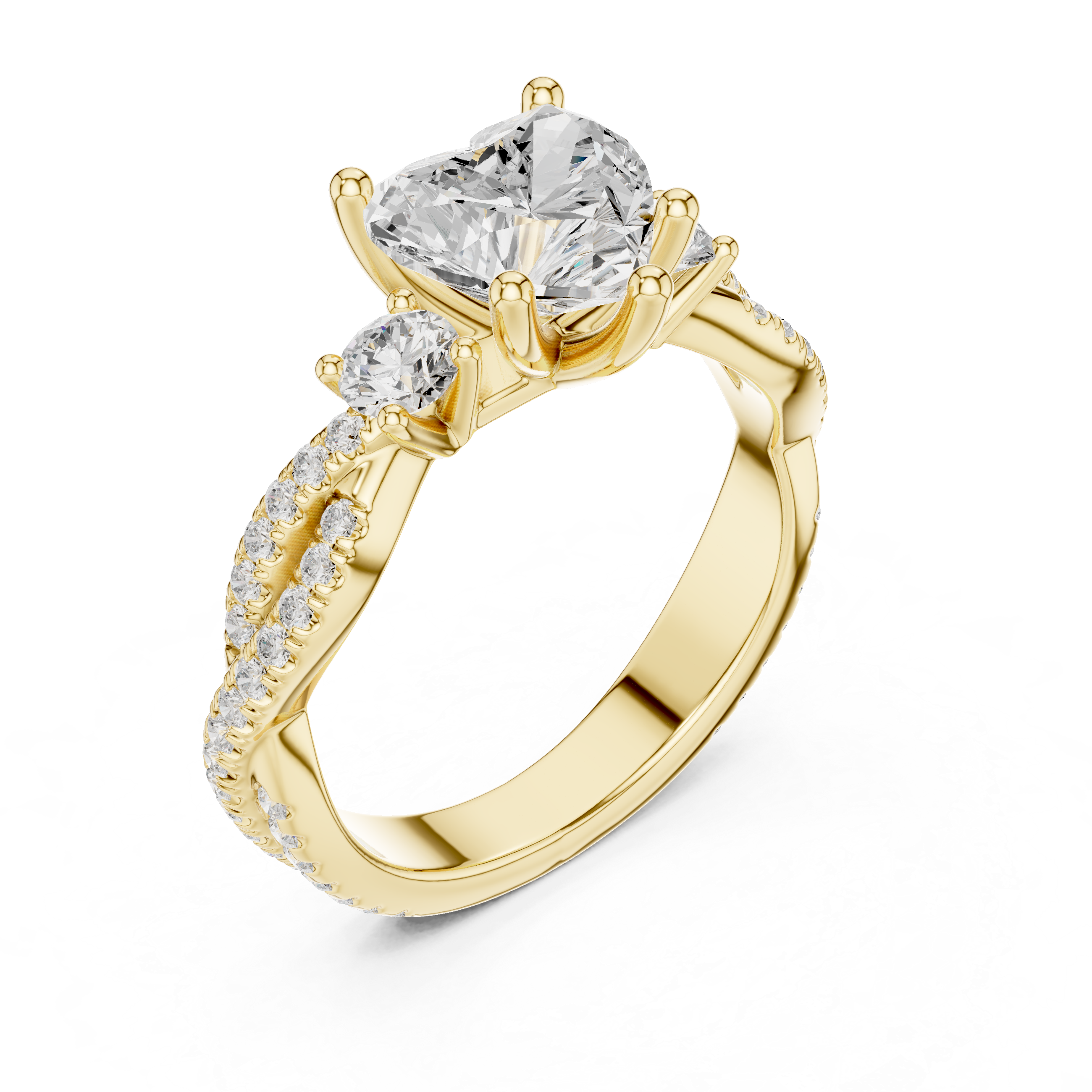 Twisted Pavé Heart Cut Three Stone Engagement Ring