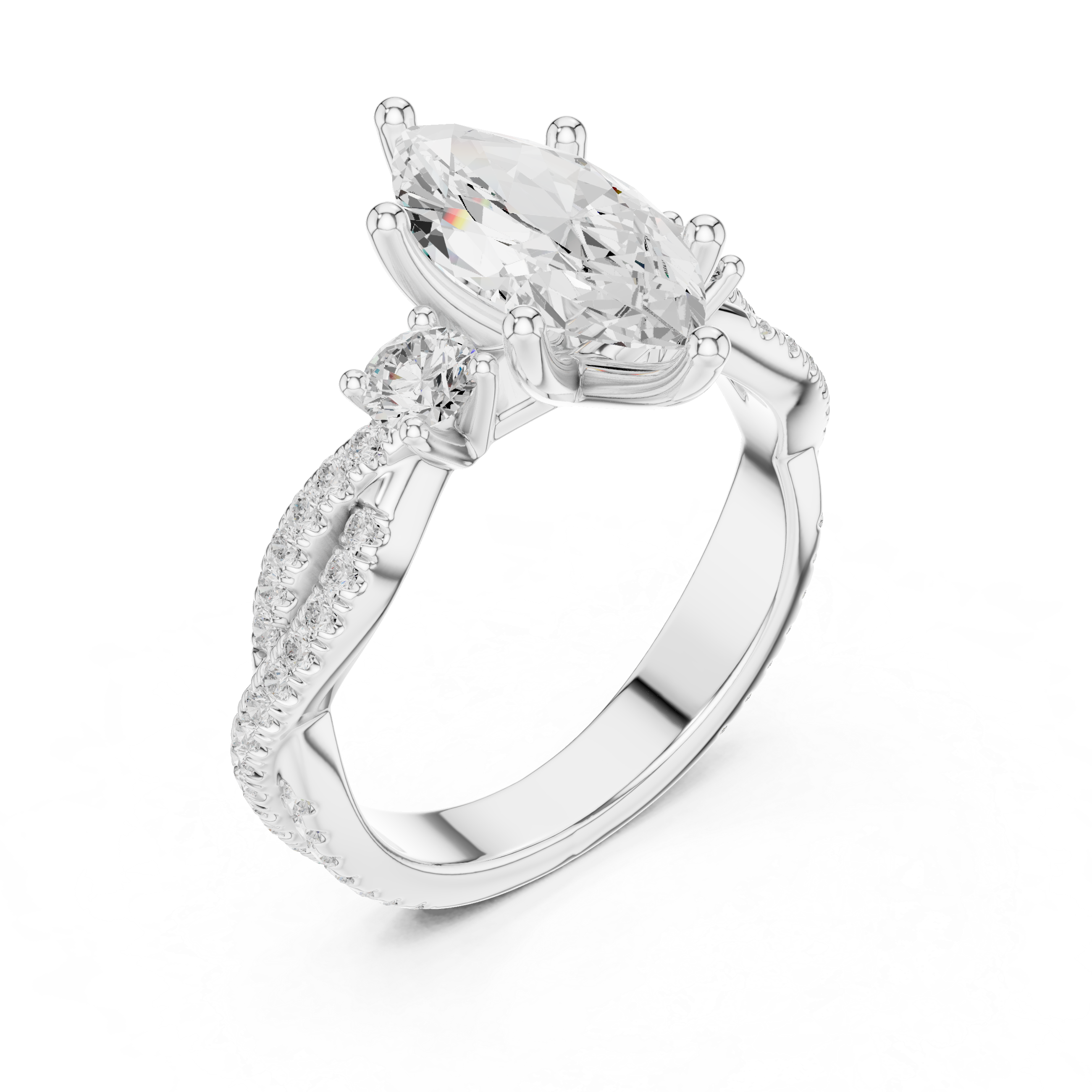 Twisted Pavé Marquise Cut Three Stone Engagement Ring