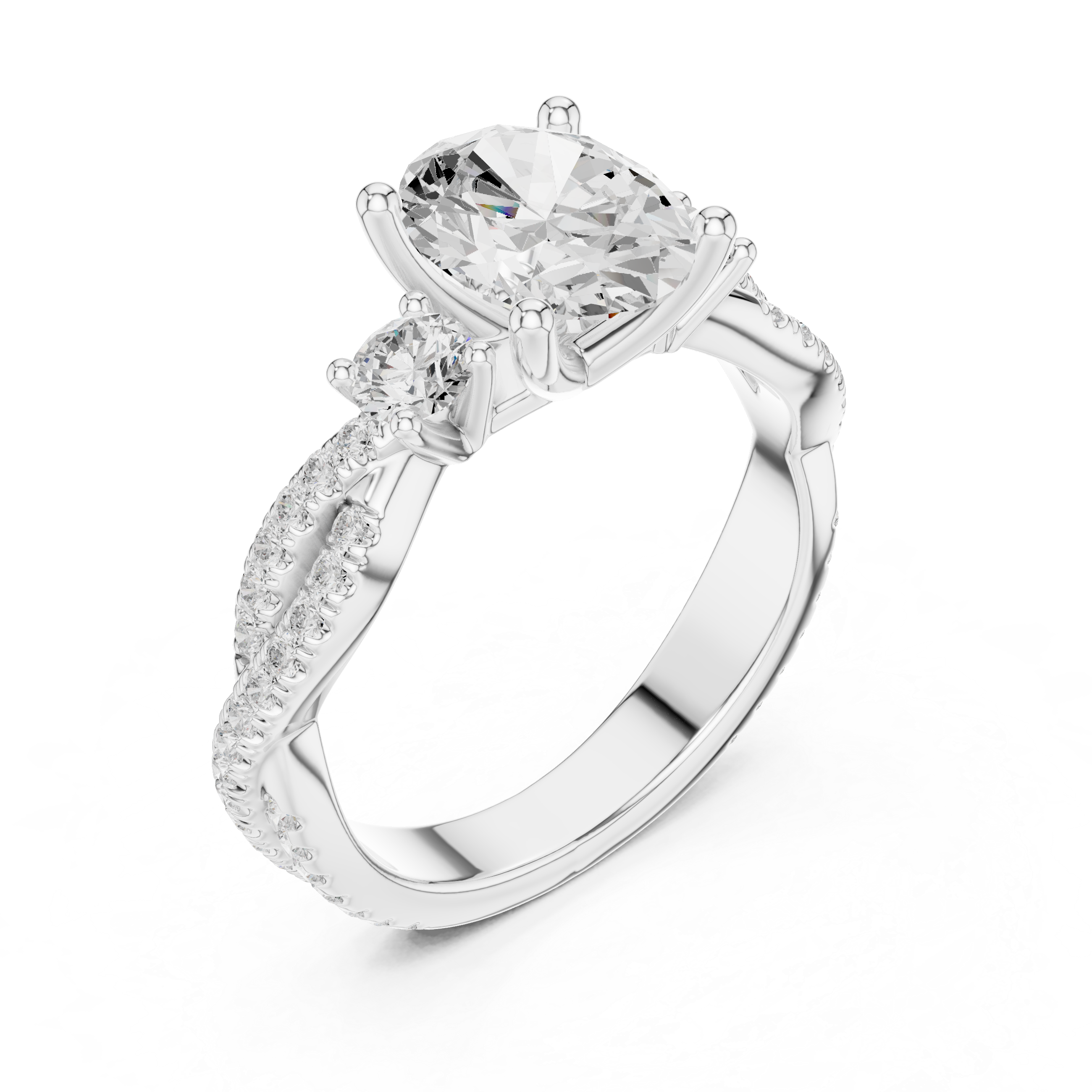 Twisted Pavé Oval Cut Three Stone Engagement Ring