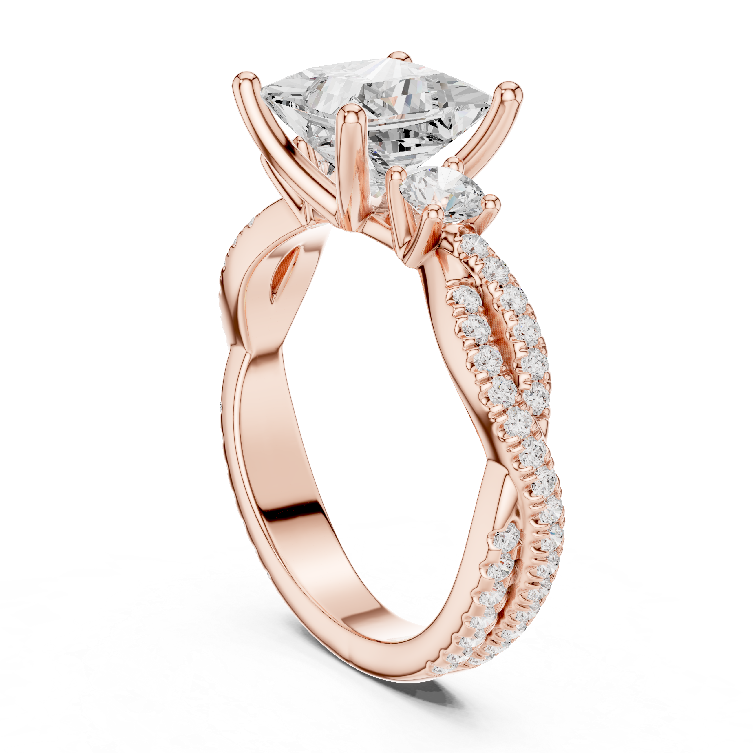 Twisted Pavé Princess Cut Three Stone Engagement Ring
