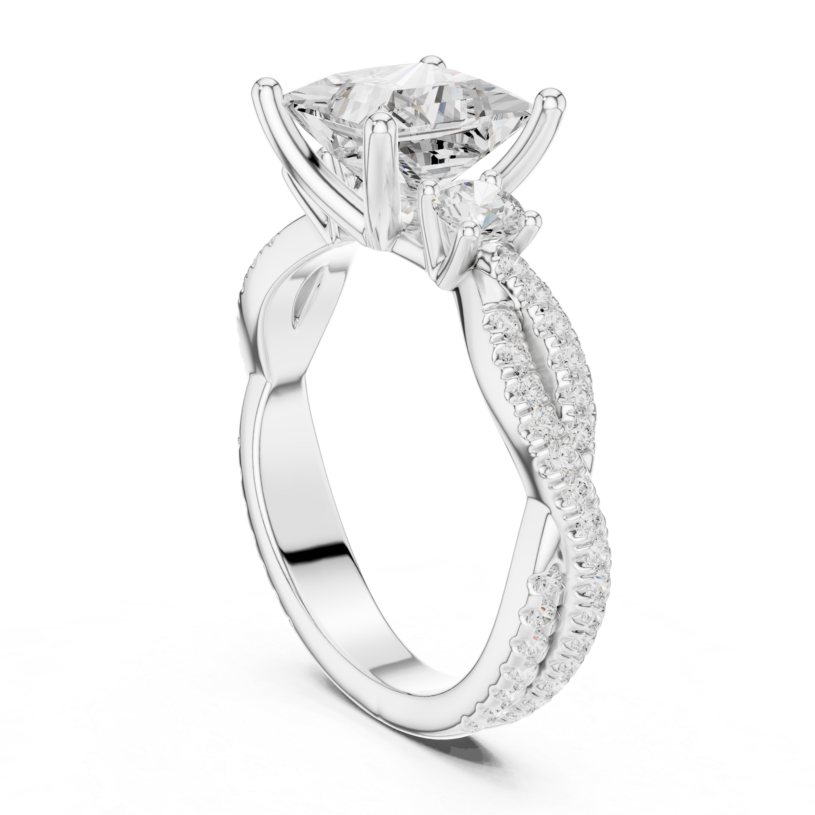 Twisted Pavé Princess Cut Three Stone Engagement Ring