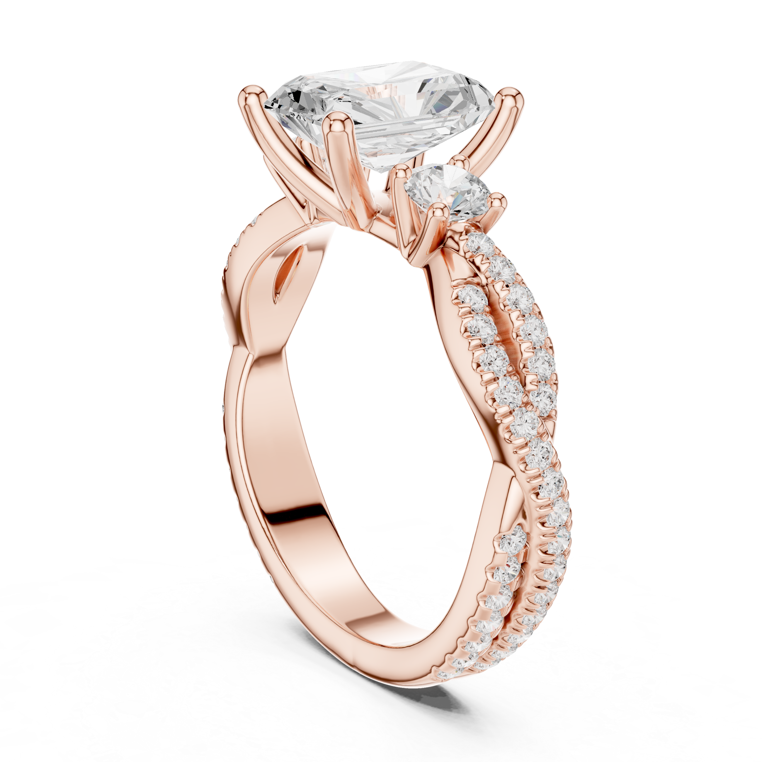 Twisted Pavé Emerald Cut Three Stone Engagement Ring