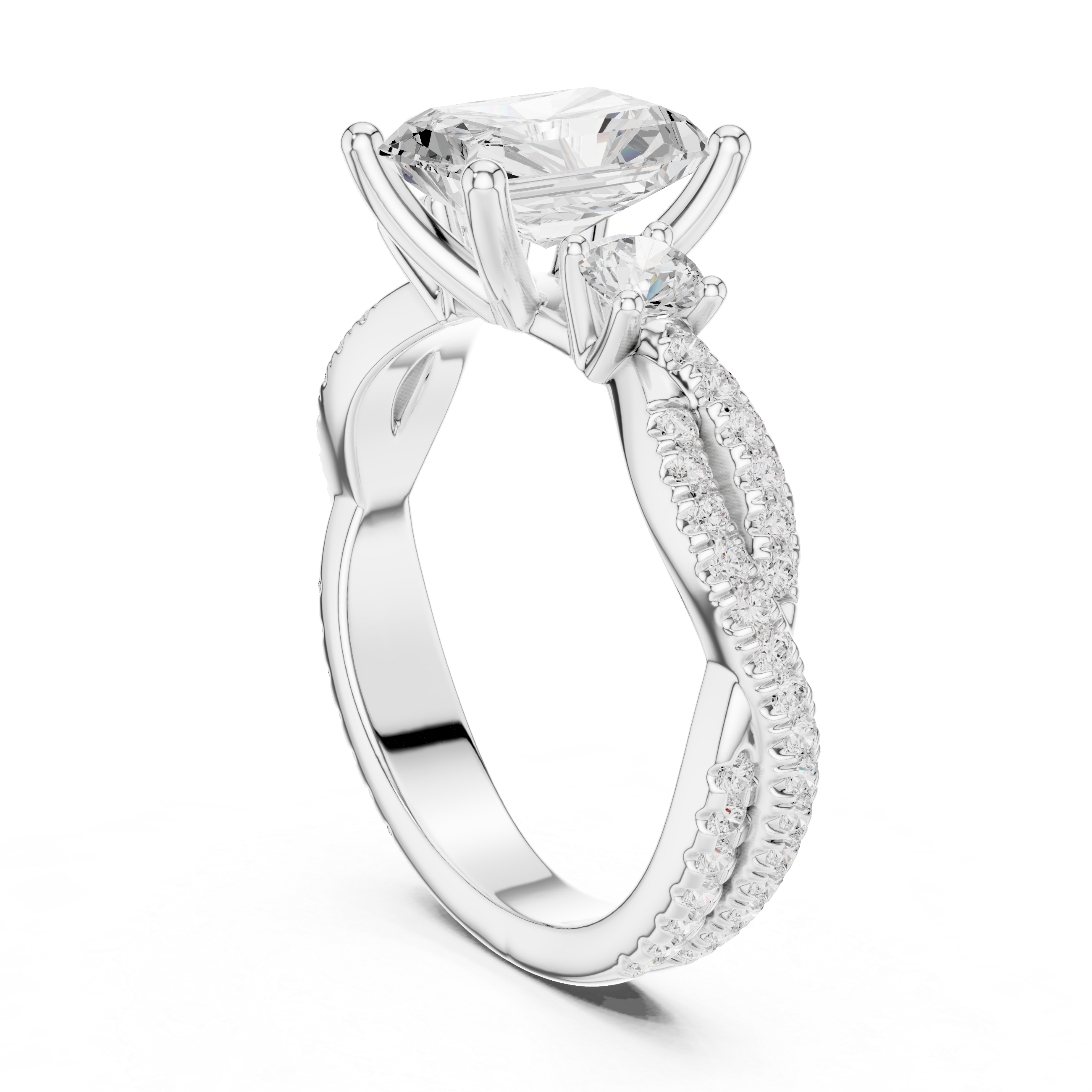 Twisted Pavé Emerald Cut Three Stone Engagement Ring