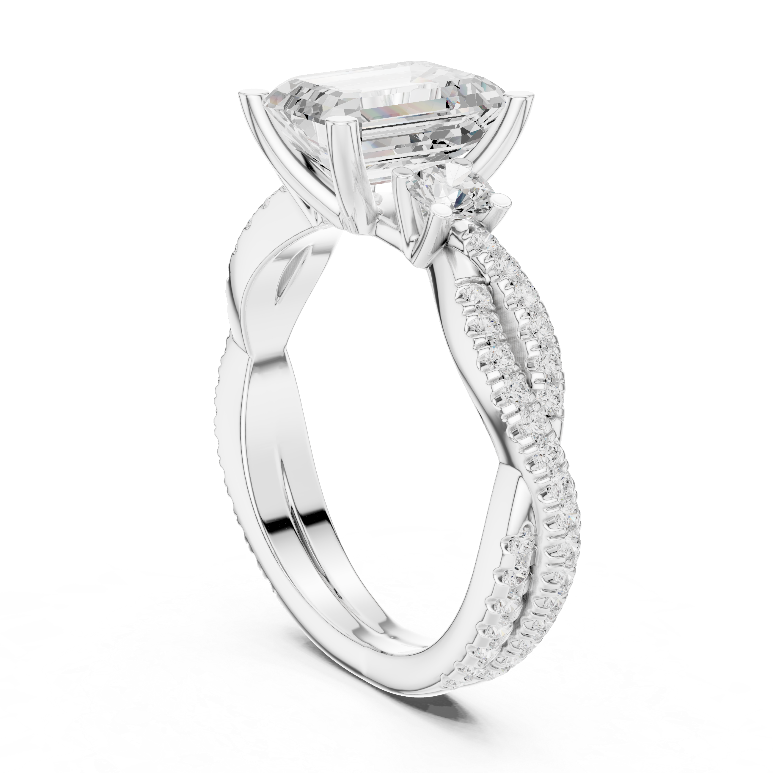 Emerald-Cut Three-Stone Engagement Ring with Twisted Pavé Band