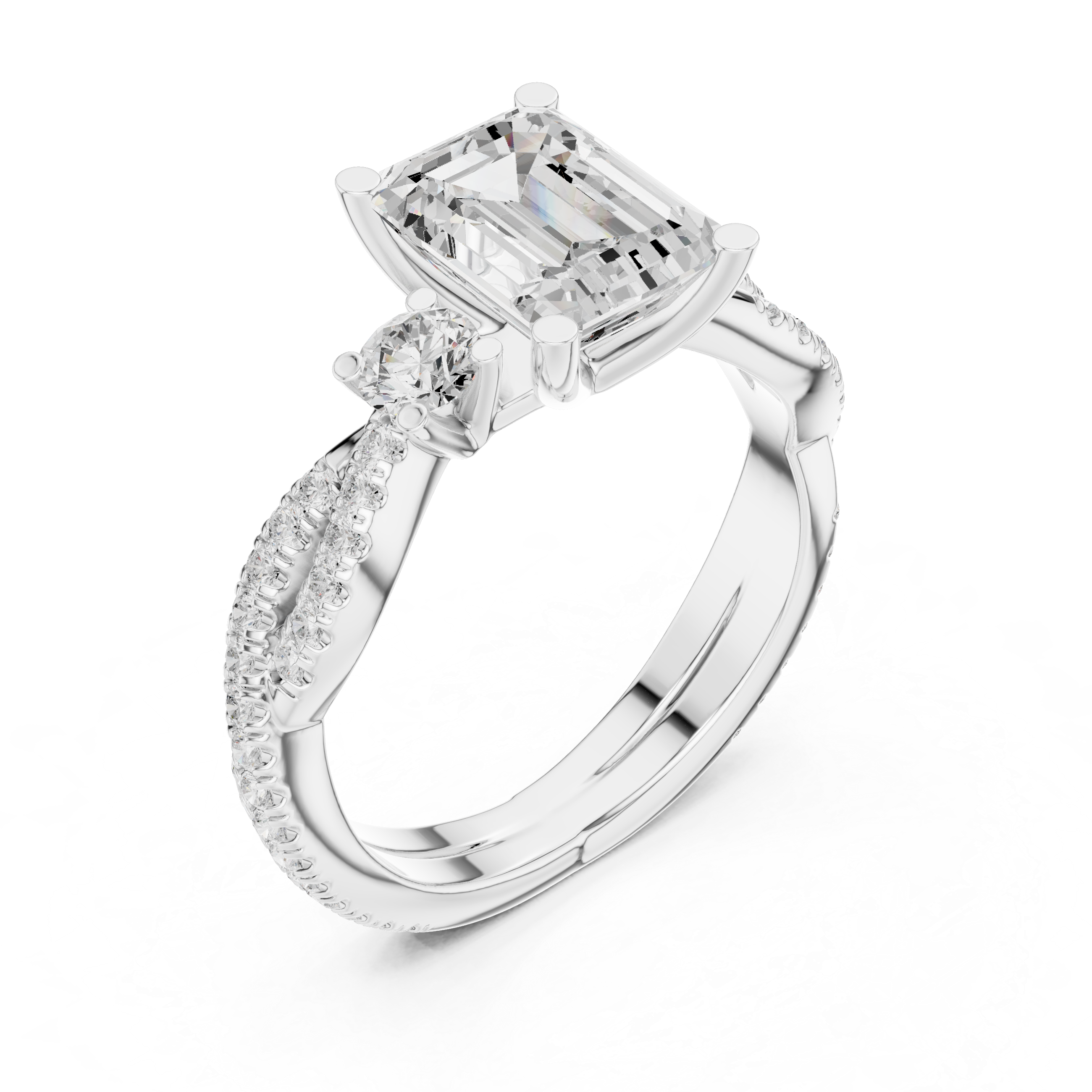 Emerald-Cut Three-Stone Engagement Ring with Twisted Pavé Band