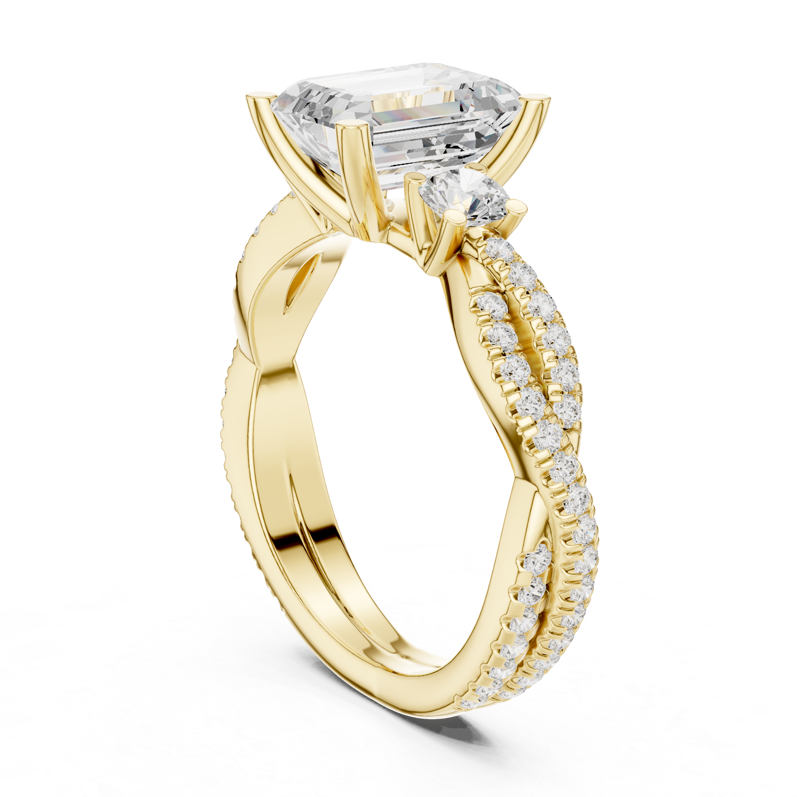 Emerald-Cut Three-Stone Engagement Ring with Twisted Pavé Band