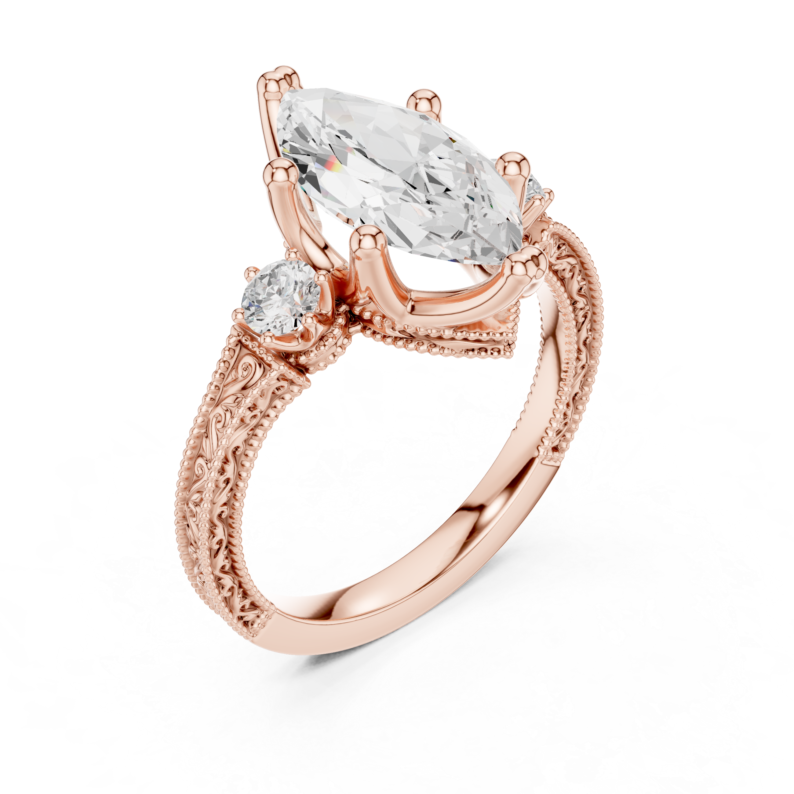 Vintage Marquise Cut Three Stone Engagement Ring with Milgrain Details