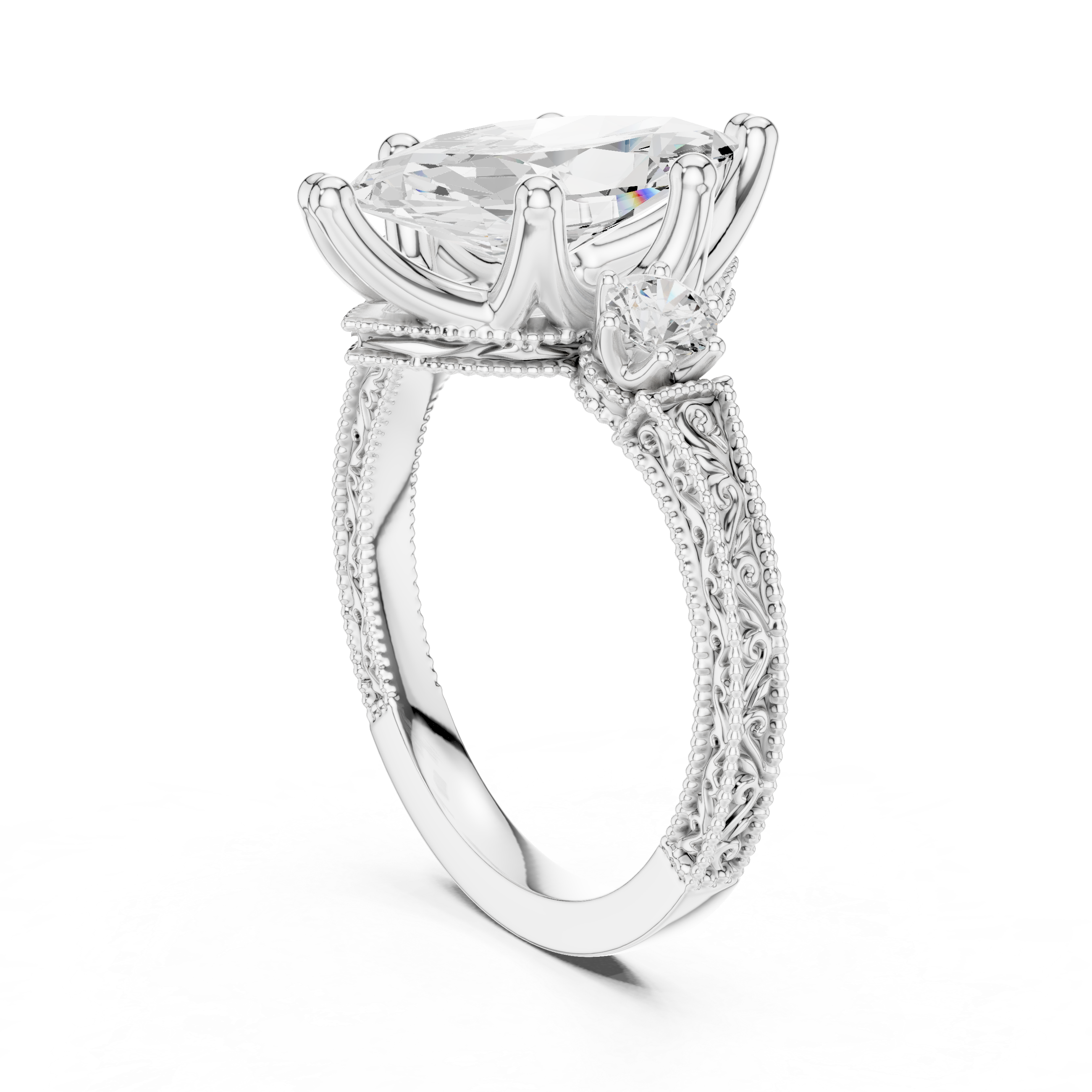 Vintage Marquise Cut Three Stone Engagement Ring with Milgrain Details
