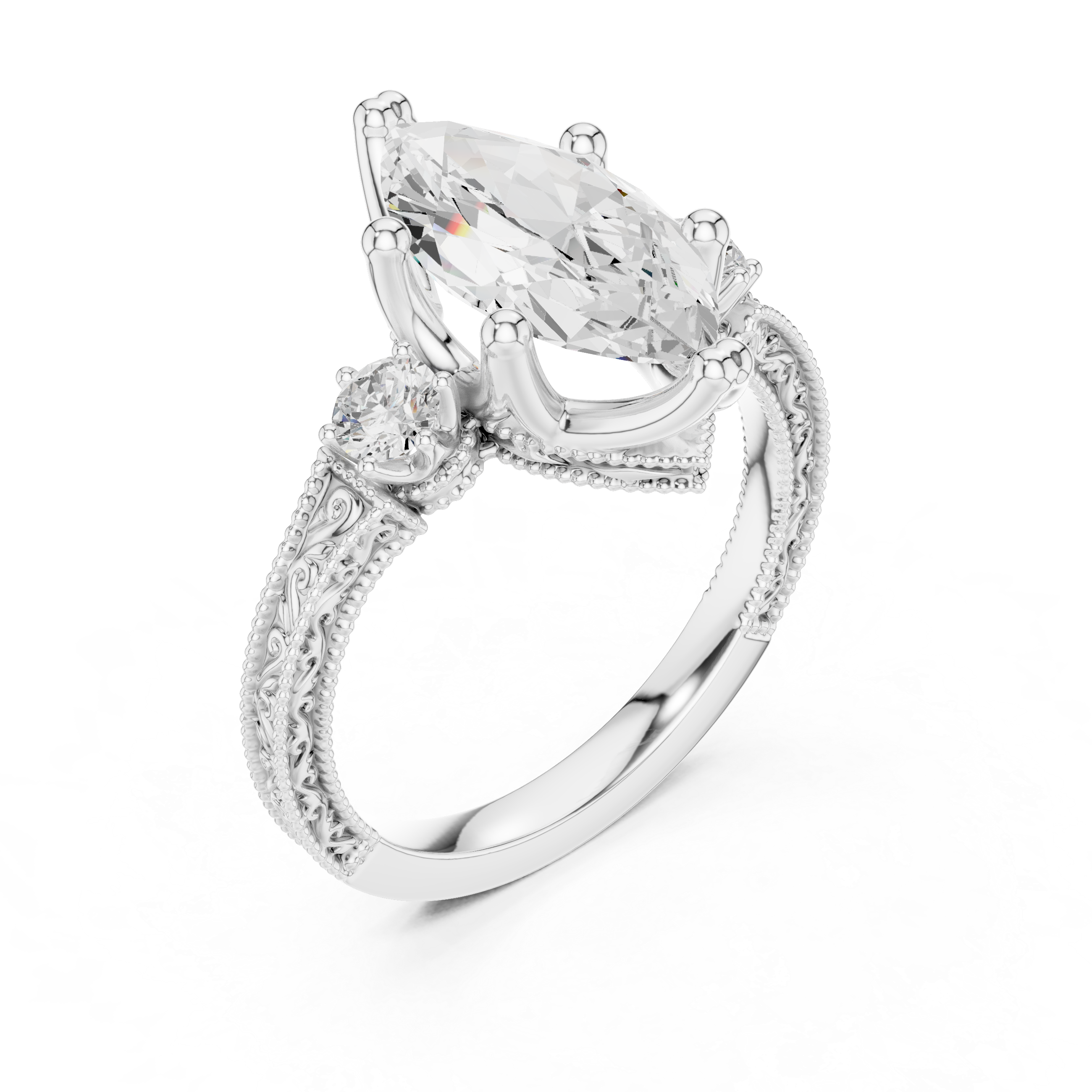 Vintage Marquise Cut Three Stone Engagement Ring with Milgrain Details