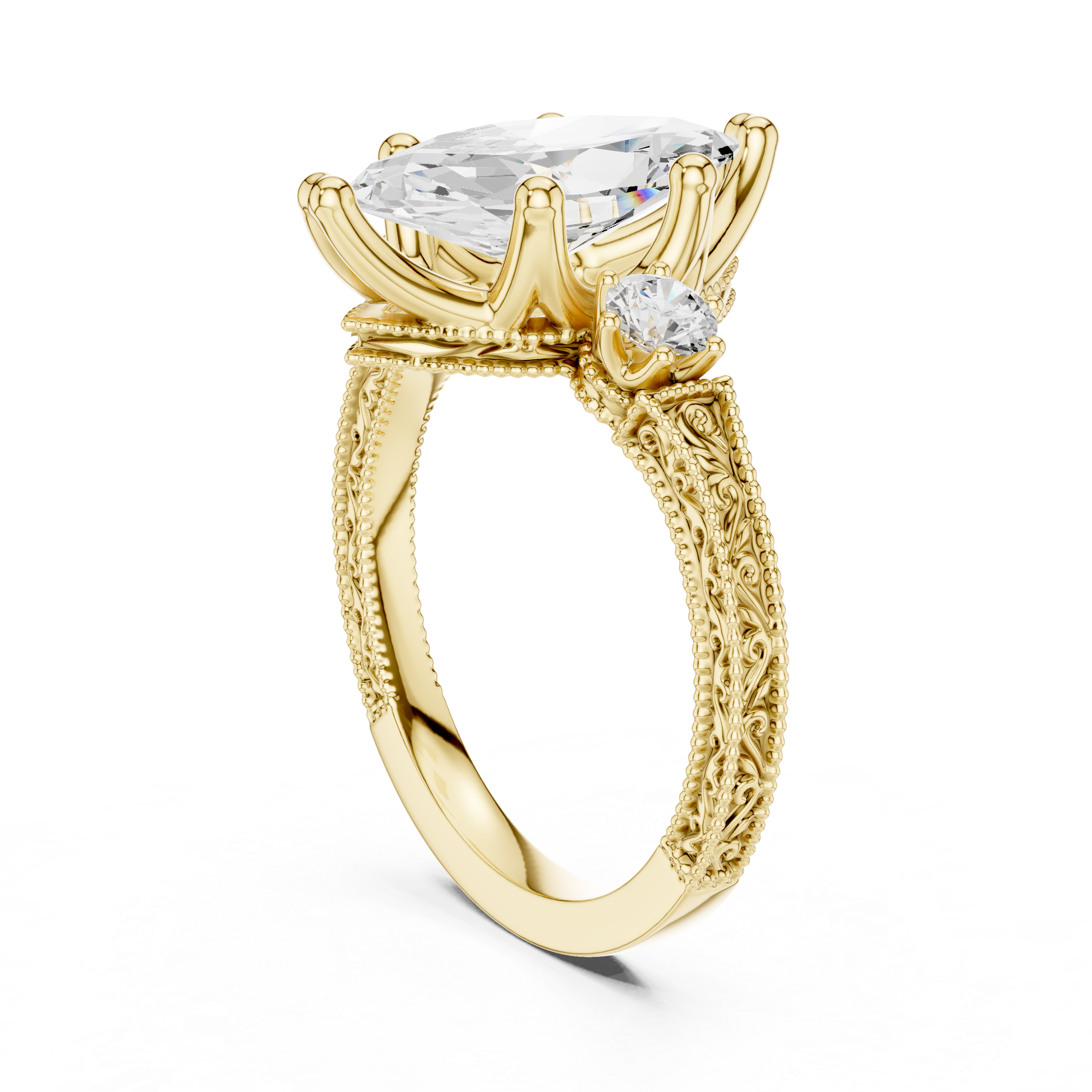 Vintage Marquise Cut Three Stone Engagement Ring with Milgrain Details
