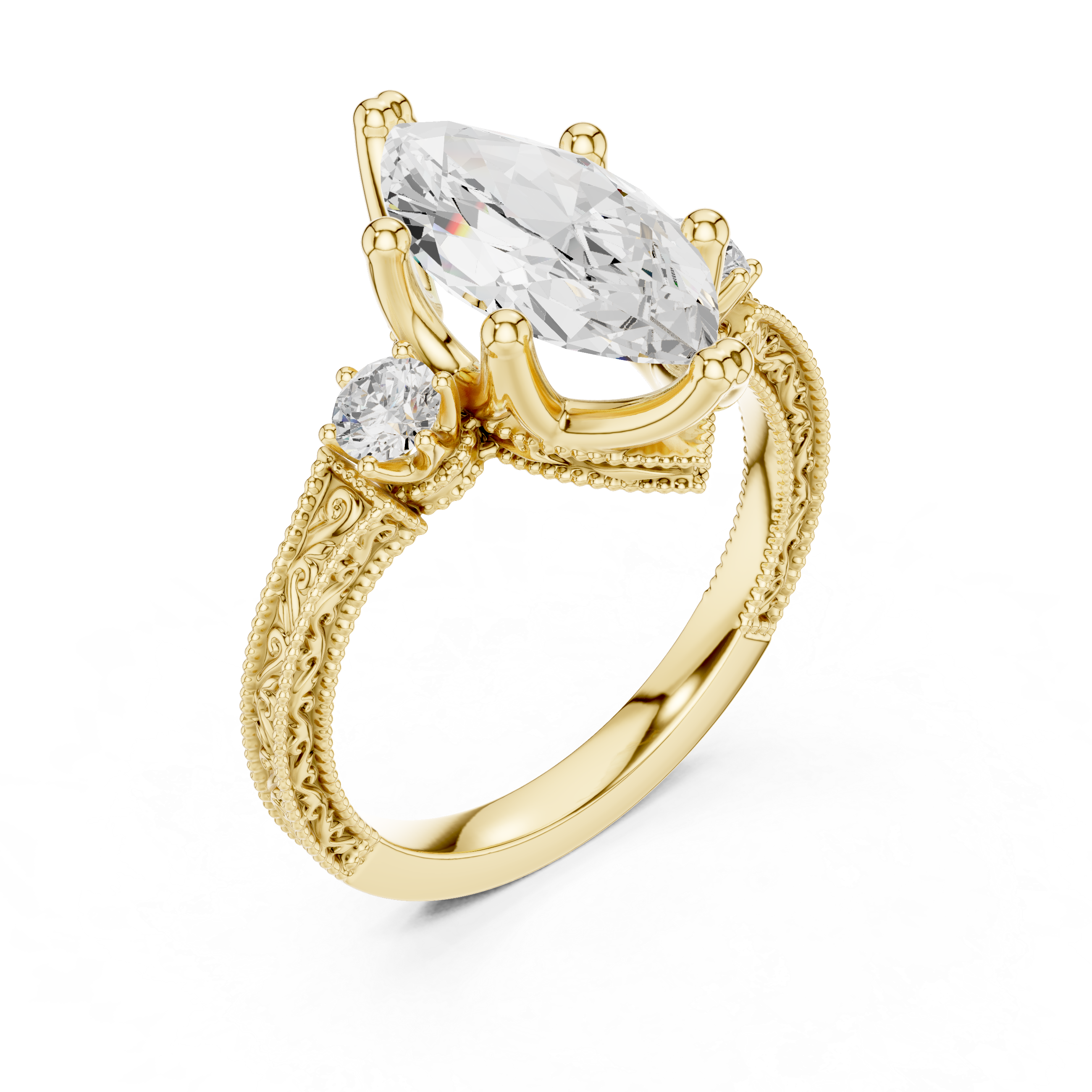 Vintage Marquise Cut Three Stone Engagement Ring with Milgrain Details