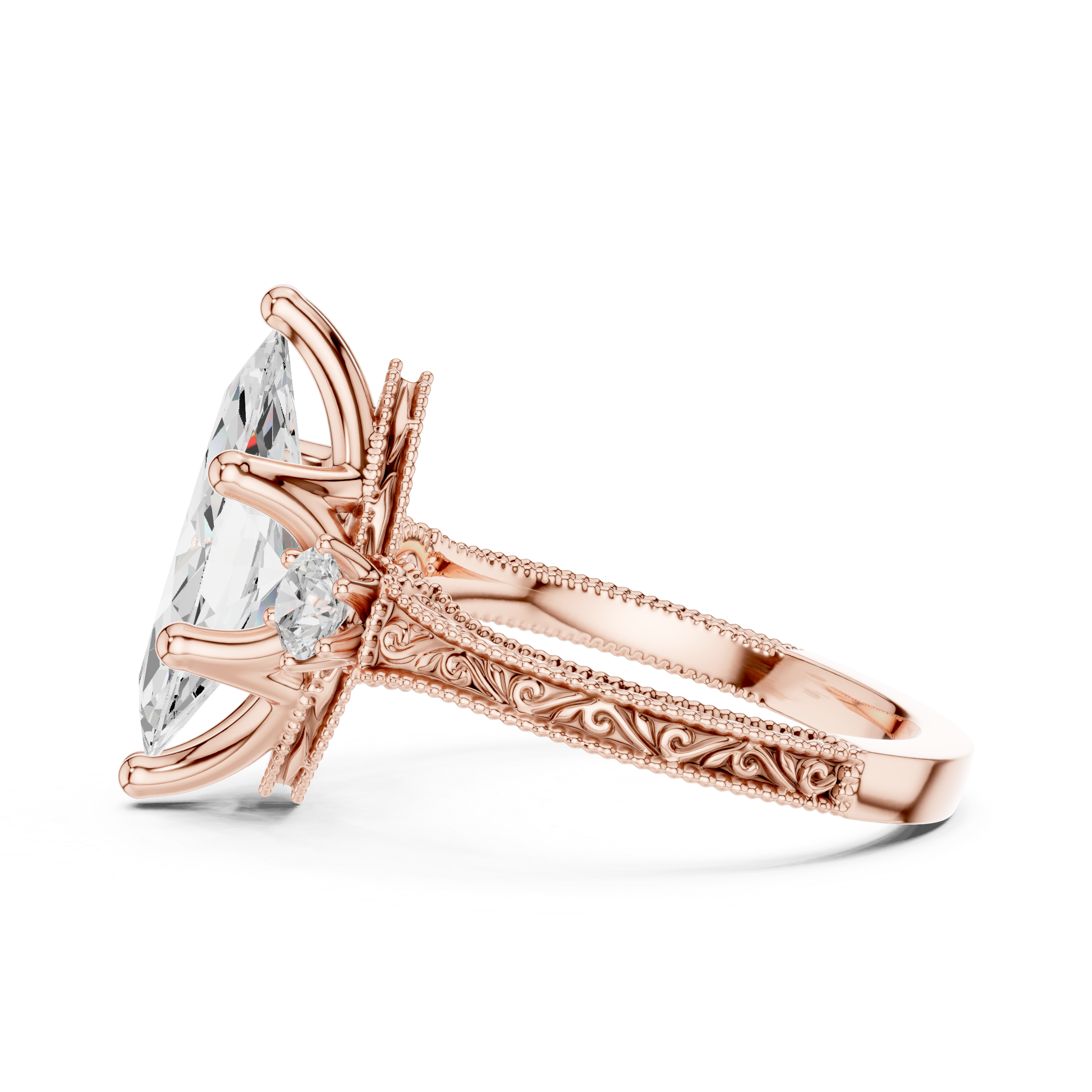 Vintage Marquise Cut Three Stone Engagement Ring with Milgrain Details