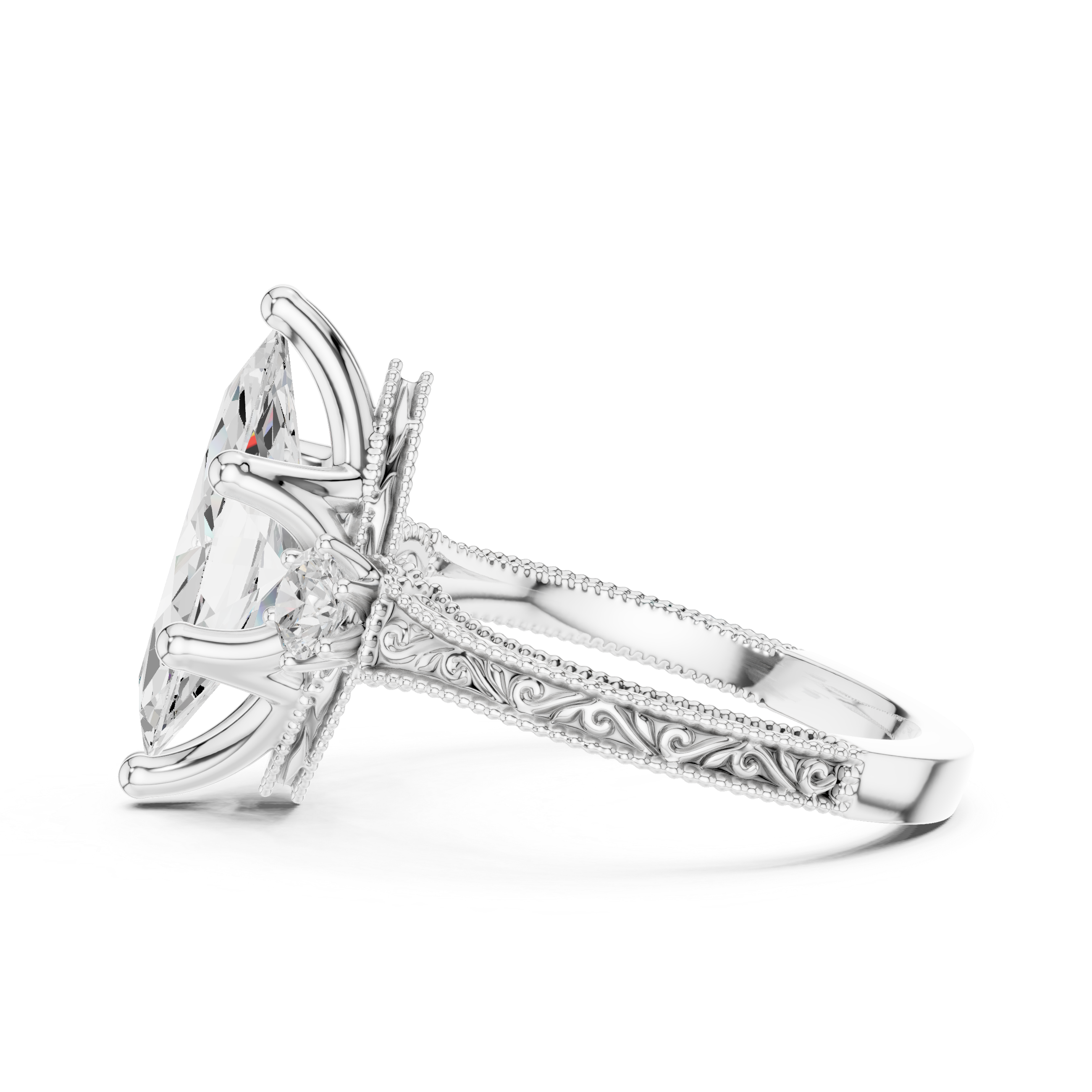 Vintage Marquise Cut Three Stone Engagement Ring with Milgrain Details