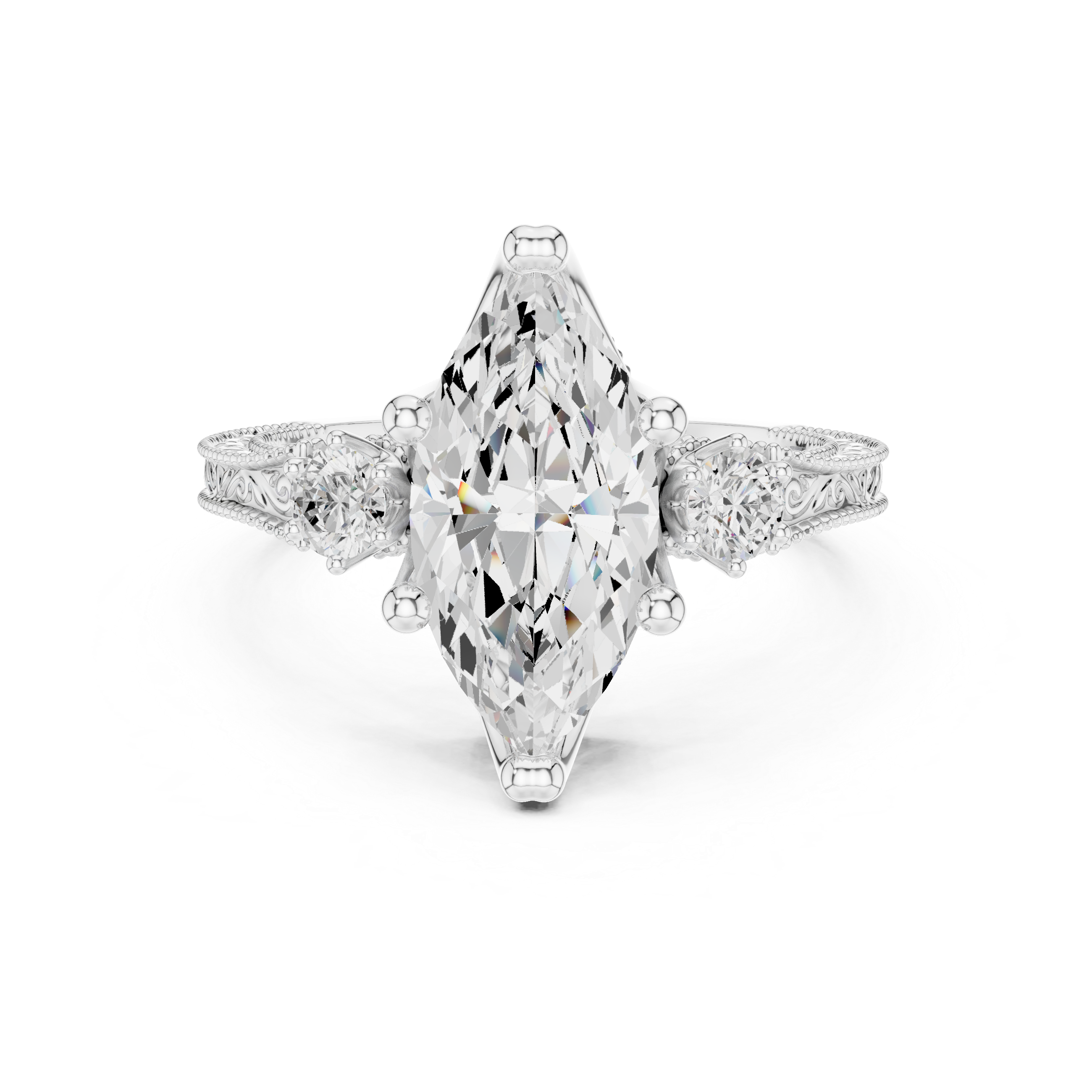 Vintage Marquise Cut Three Stone Engagement Ring with Milgrain Details