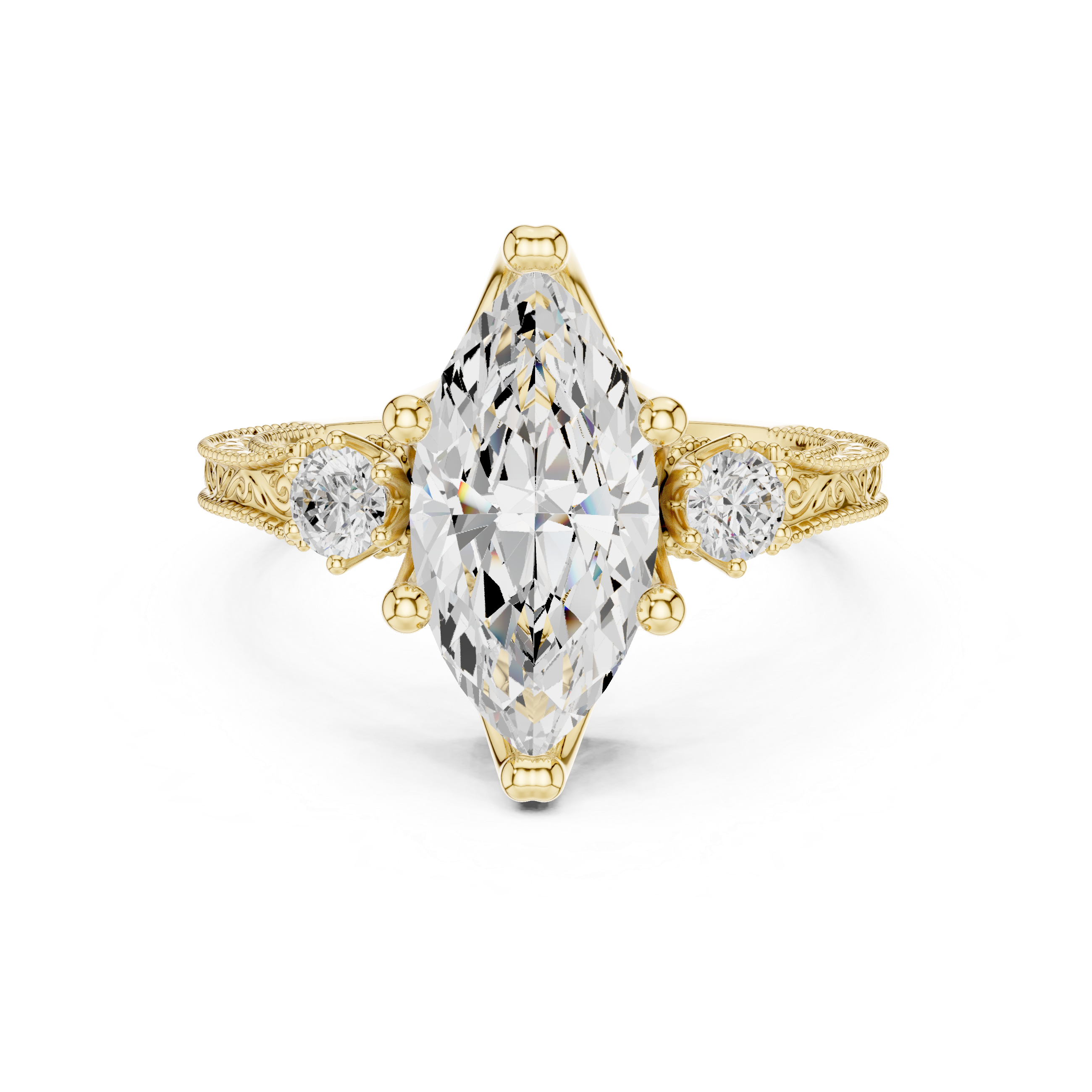 Vintage Marquise Cut Three Stone Engagement Ring with Milgrain Details