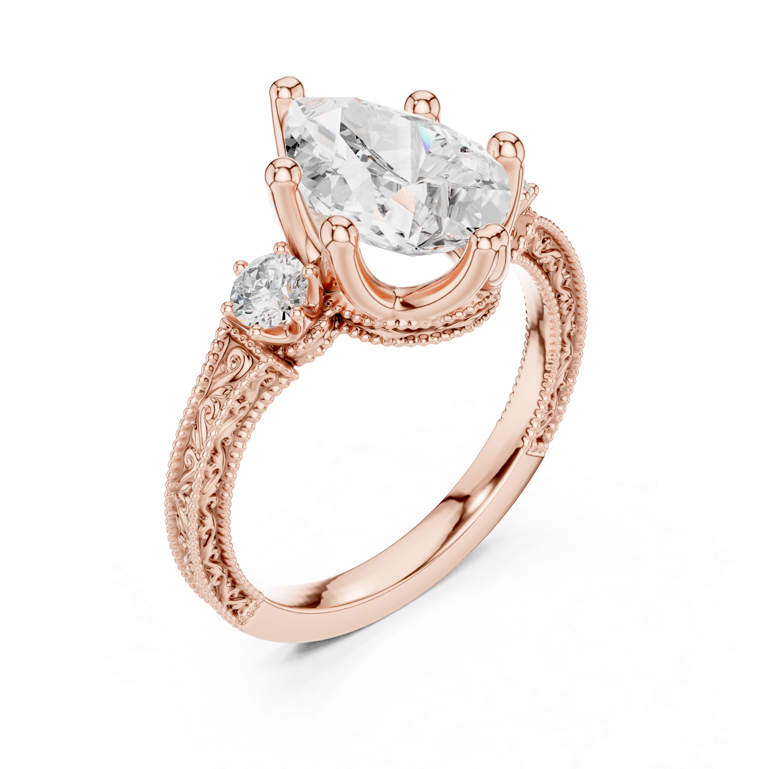 Vintage Pear Cut Three Stone Engagement Ring with Milgrain Detailing