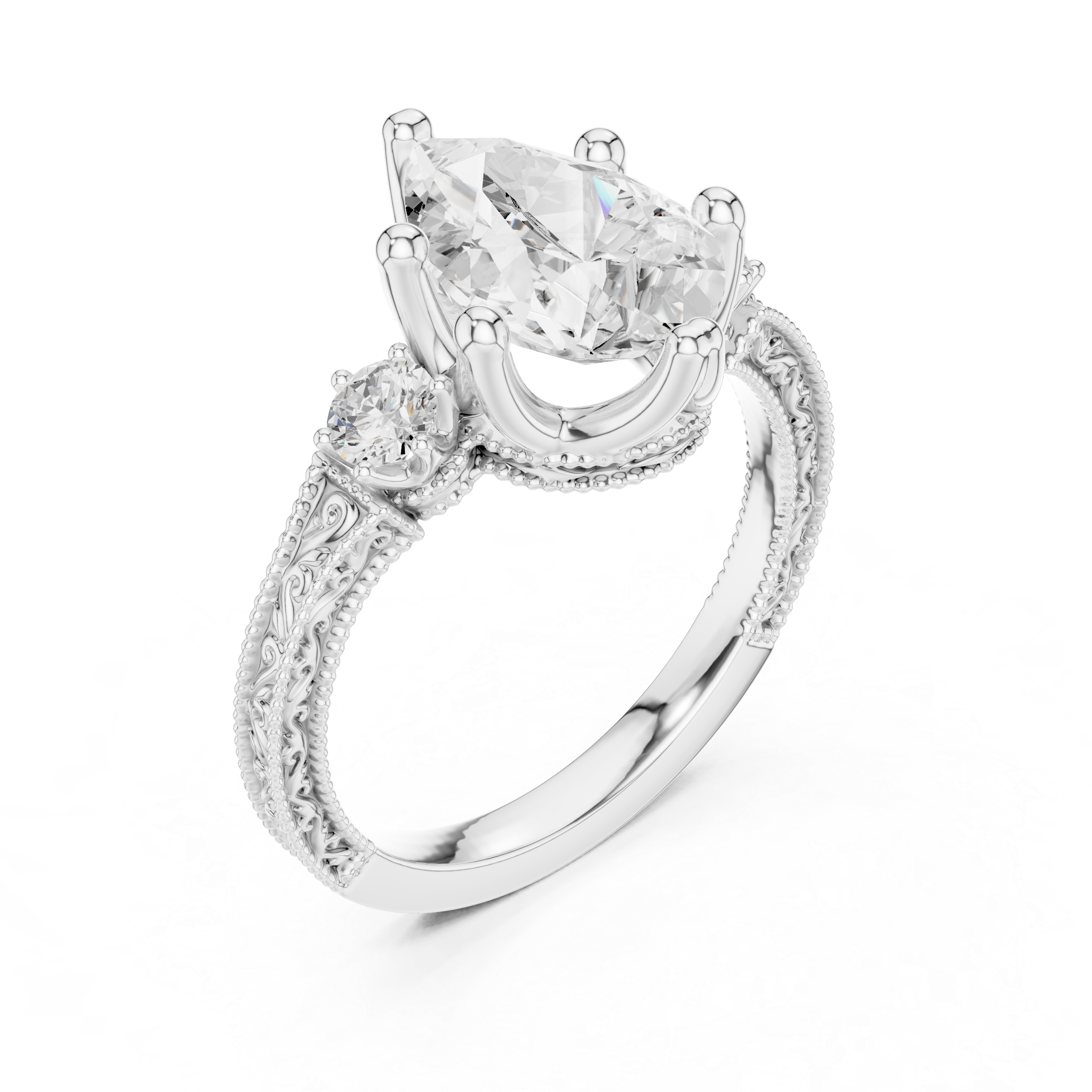 Vintage Pear Cut Three Stone Engagement Ring with Milgrain Detailing