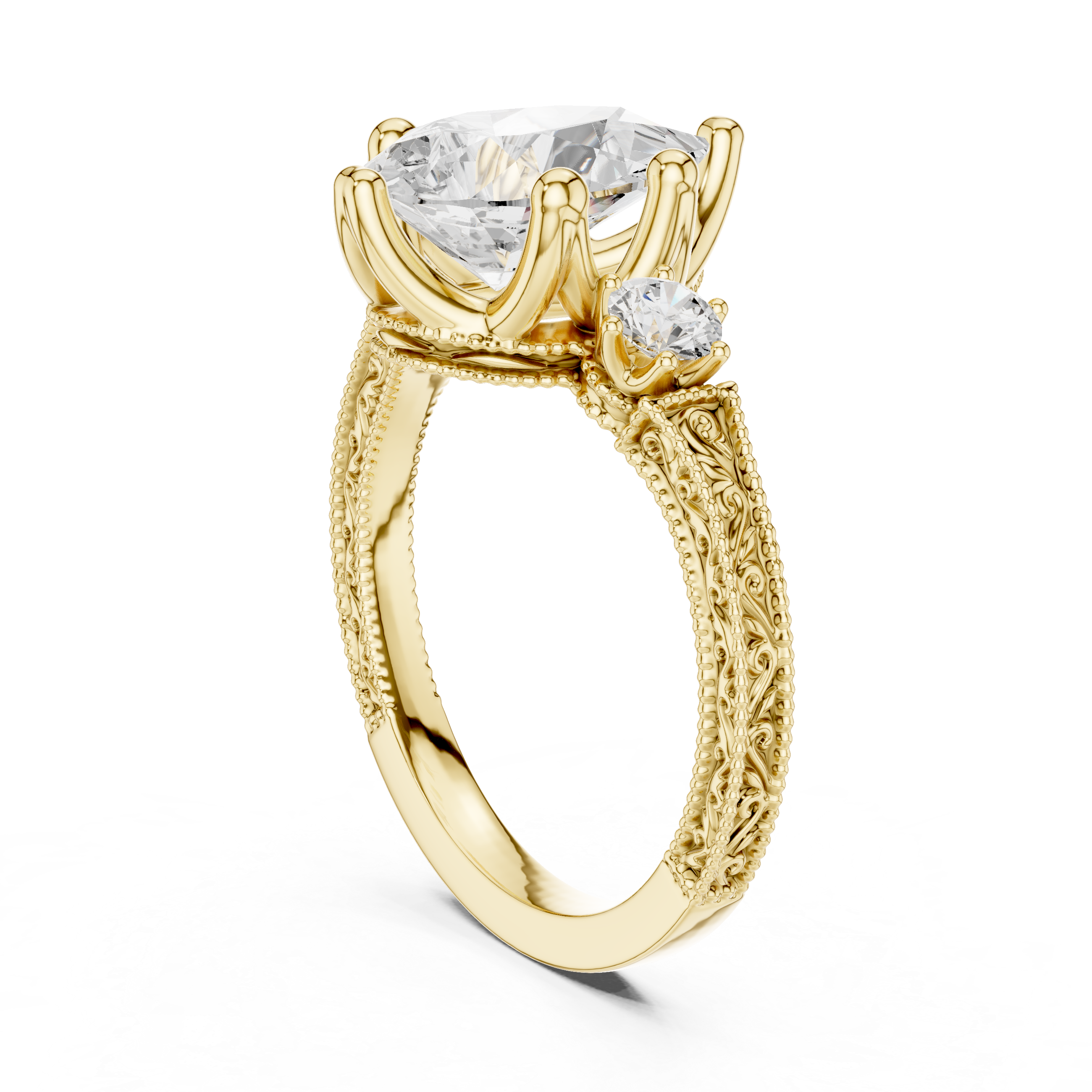 Vintage Pear Cut Three Stone Engagement Ring with Milgrain Detailing