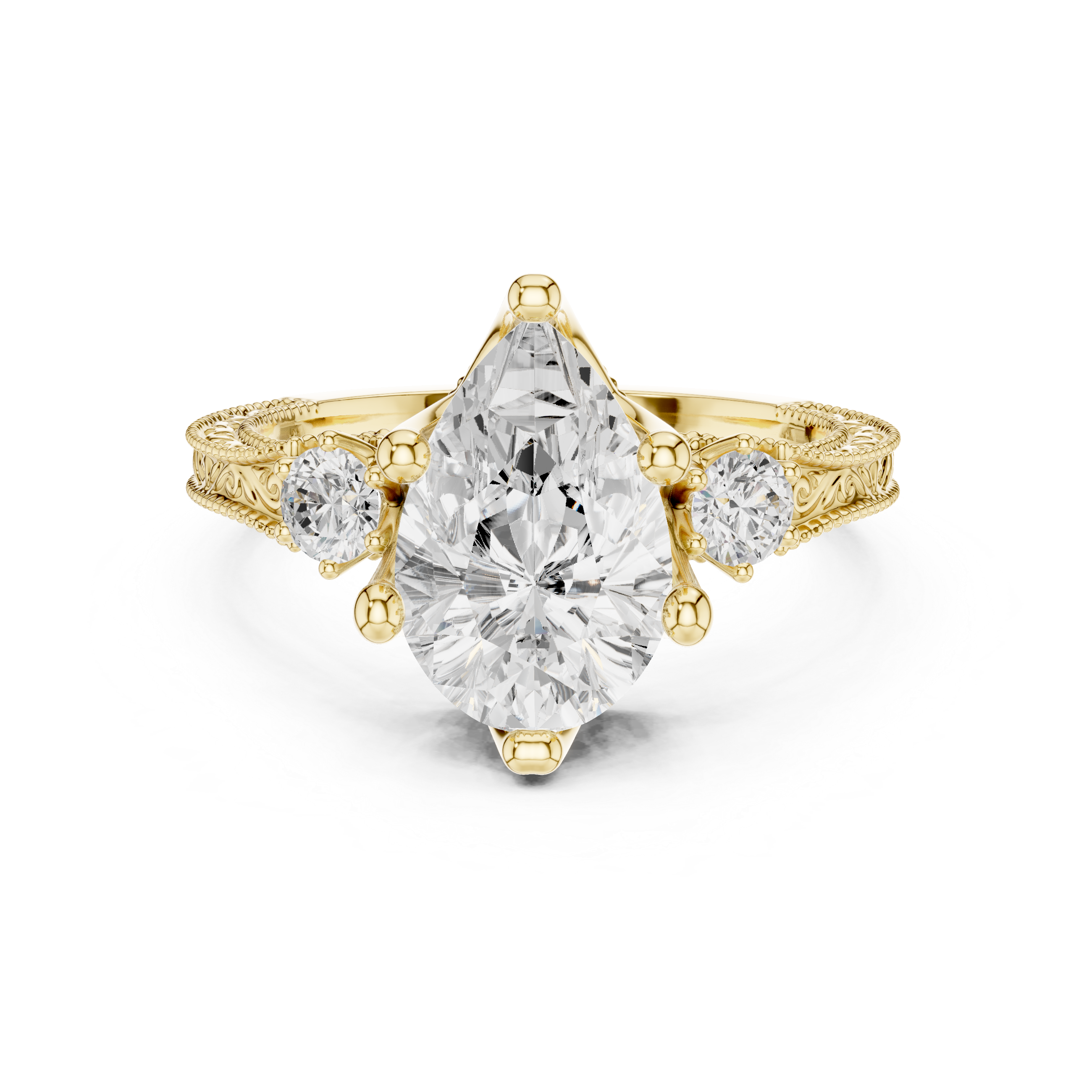 Vintage Pear Cut Three Stone Engagement Ring with Milgrain Detailing