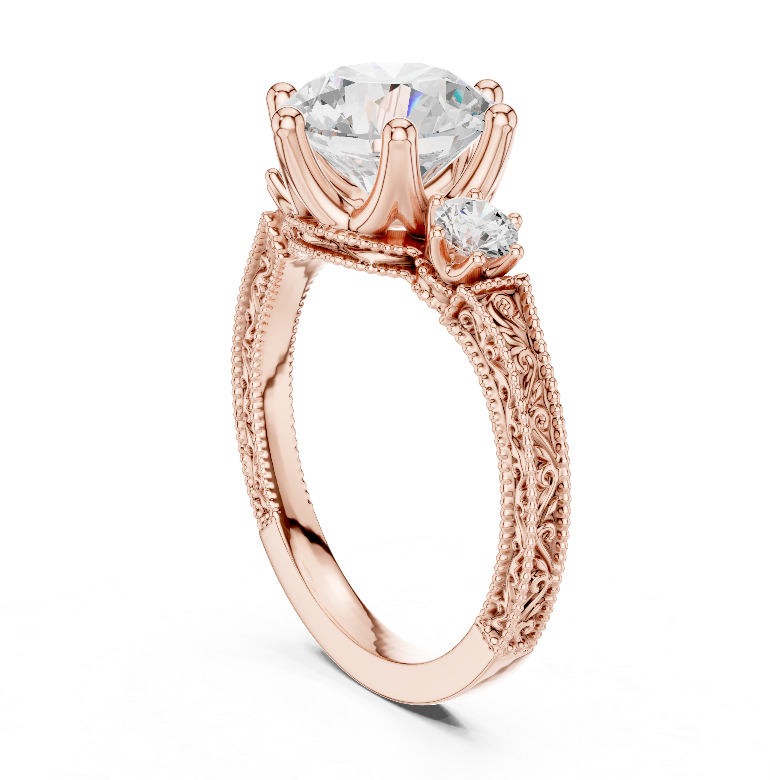 Vintage Round Cut Three Stone Engagement Ring with Milgrain Detailing