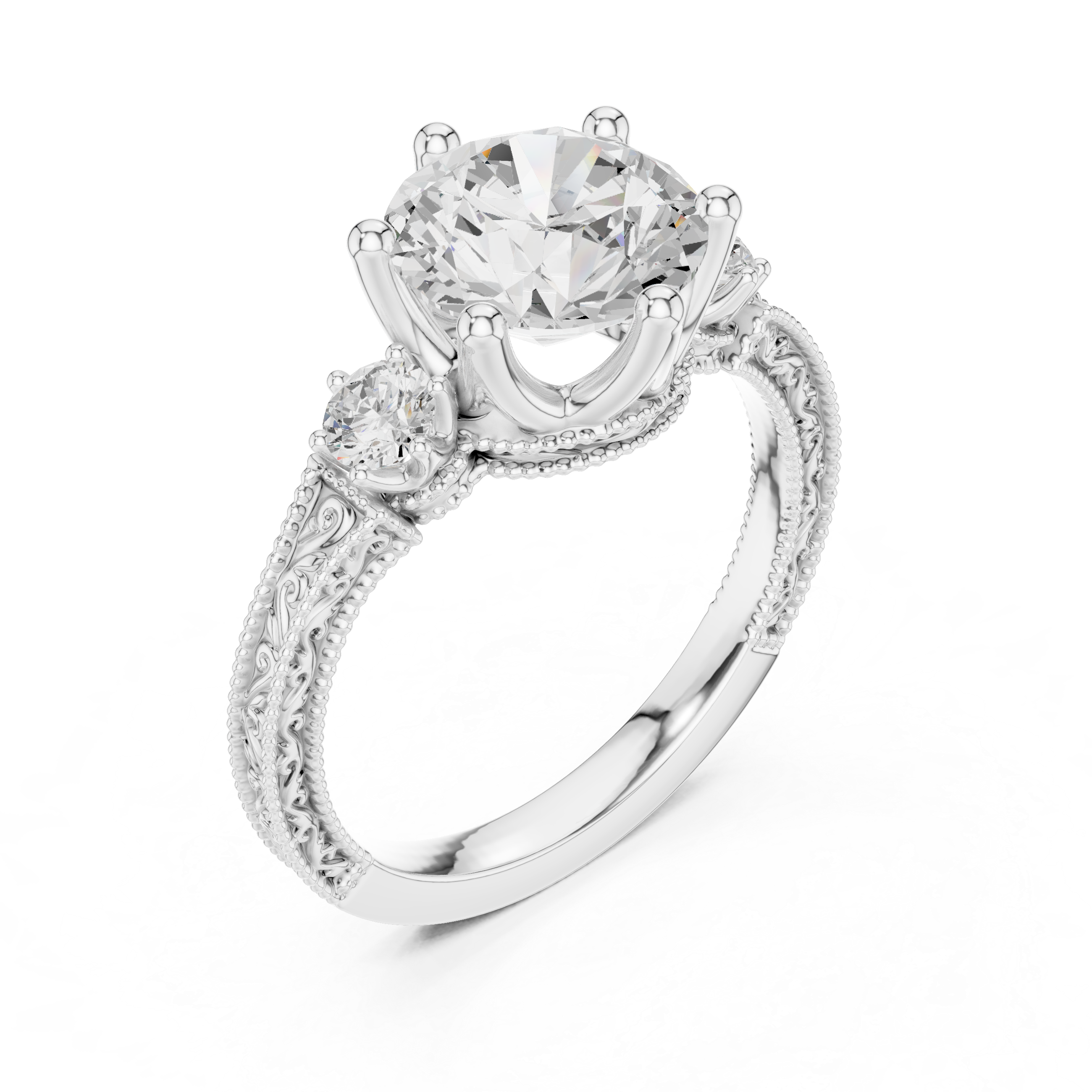 Vintage Round Cut Three Stone Engagement Ring with Milgrain Detailing