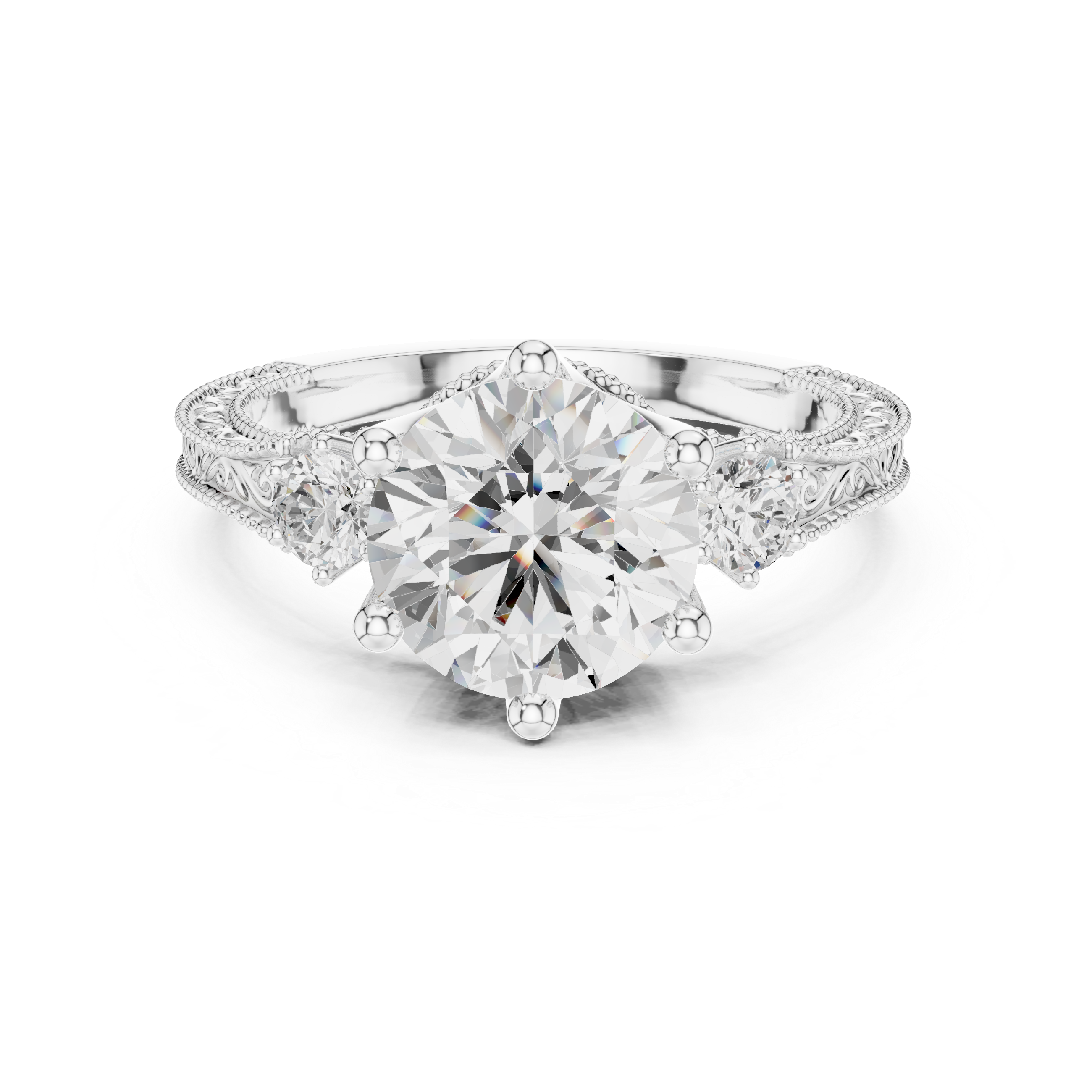 Vintage Round Cut Three Stone Engagement Ring with Milgrain Detailing