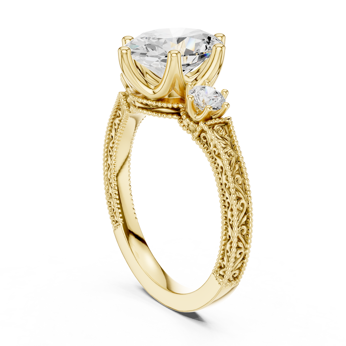 Vintage Oval Three-Stone Engagement Ring with Round Side Stones and Engraved Milgrain Band