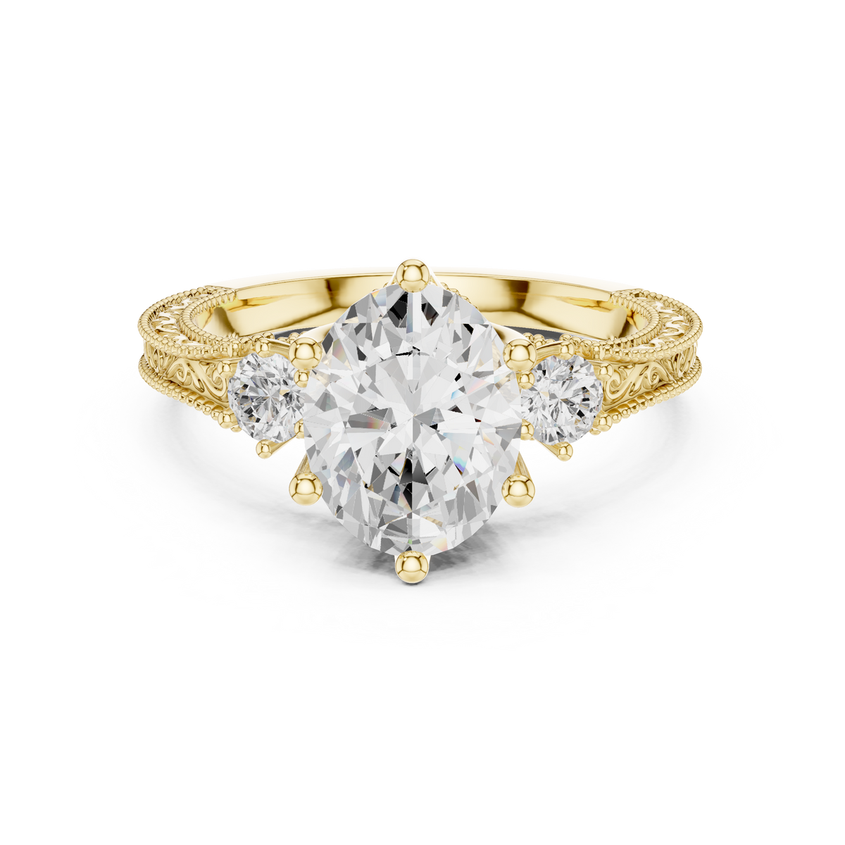 Vintage Oval Three-Stone Engagement Ring with Round Side Stones and Engraved Milgrain Band