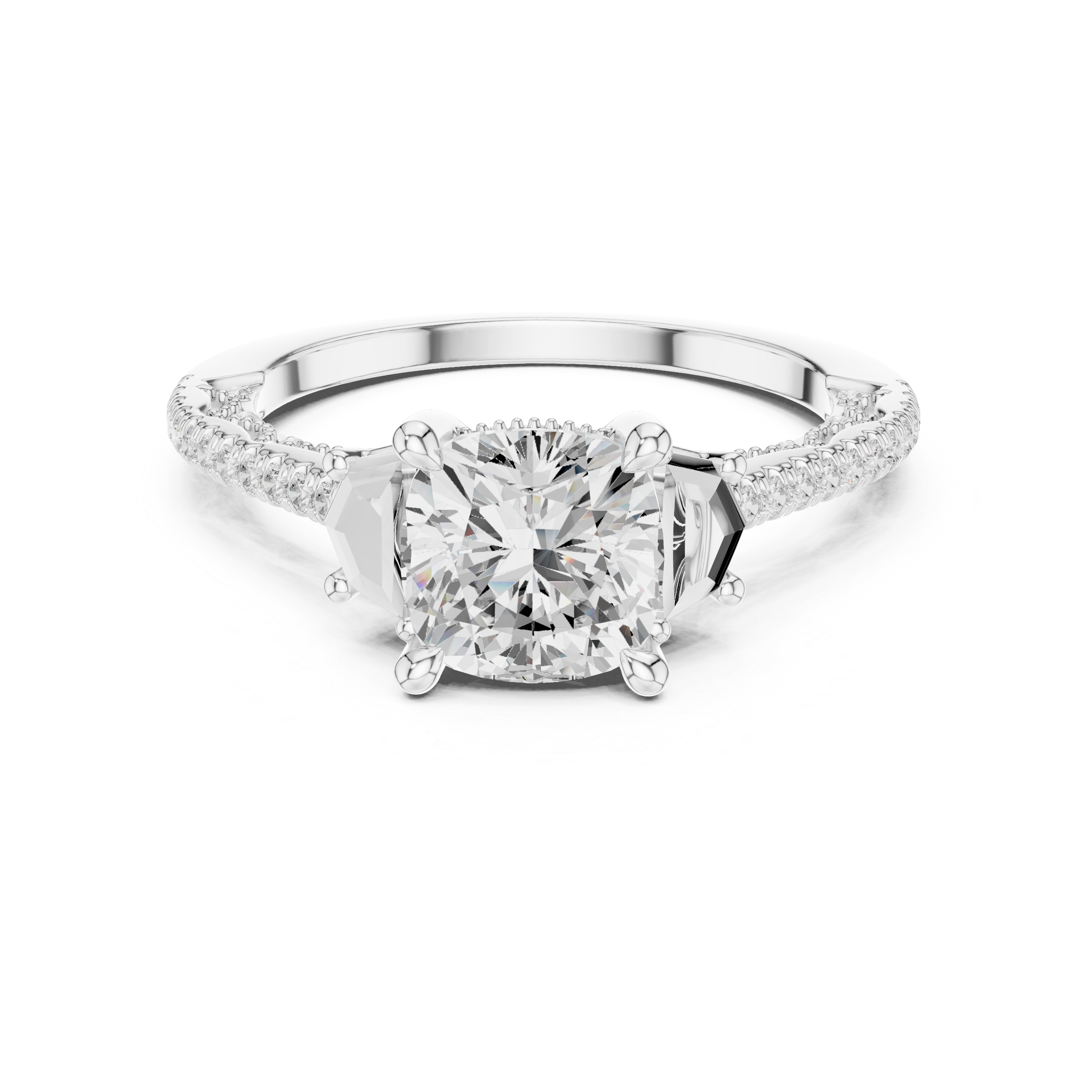 Cushion-Cut Three-Stone Engagement Ring with Cadillac Side Stones and Pavé Shoulders
