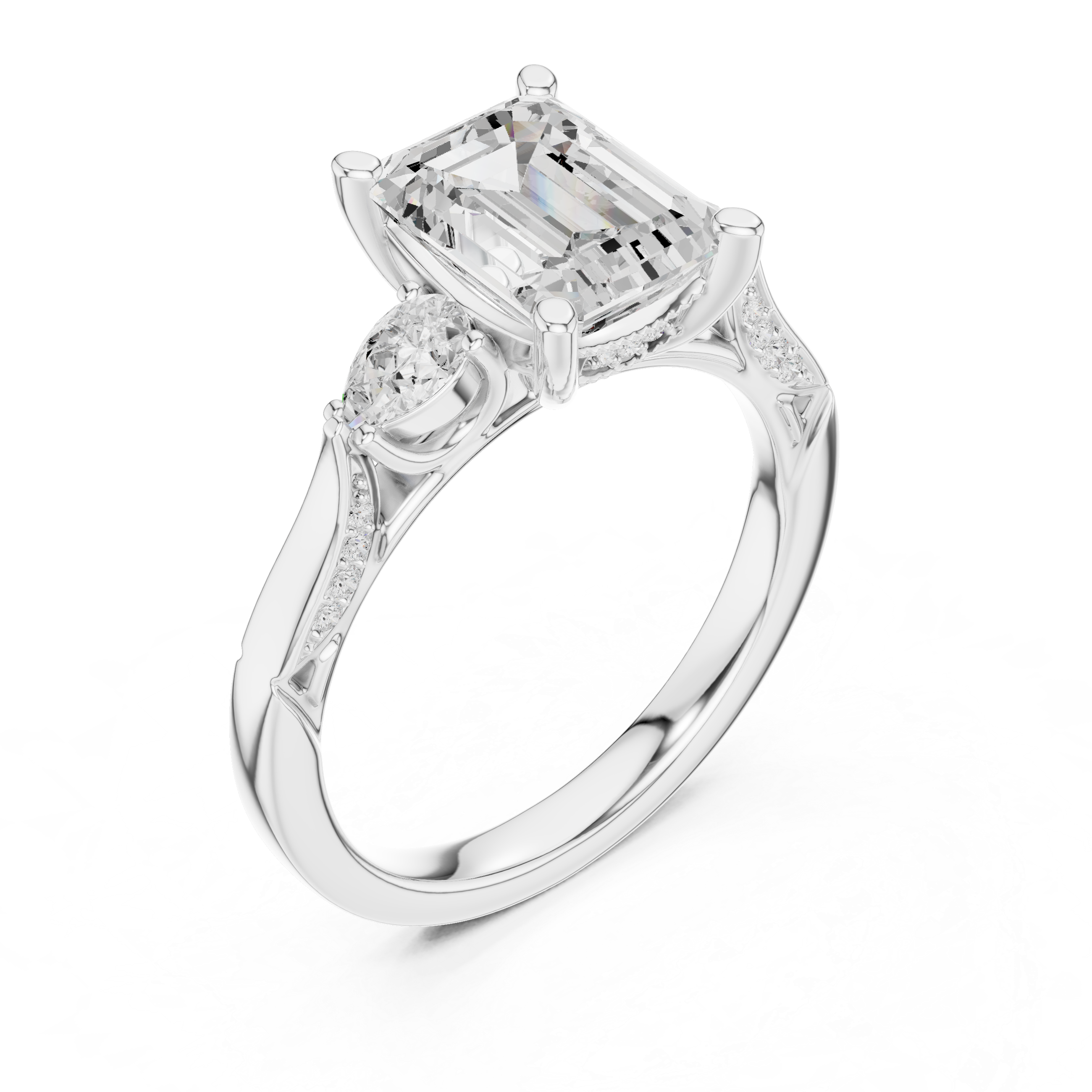 Emerald Cut Three Stone Engagement Ring with Pear Side Diamonds and Vintage Milgrain Details