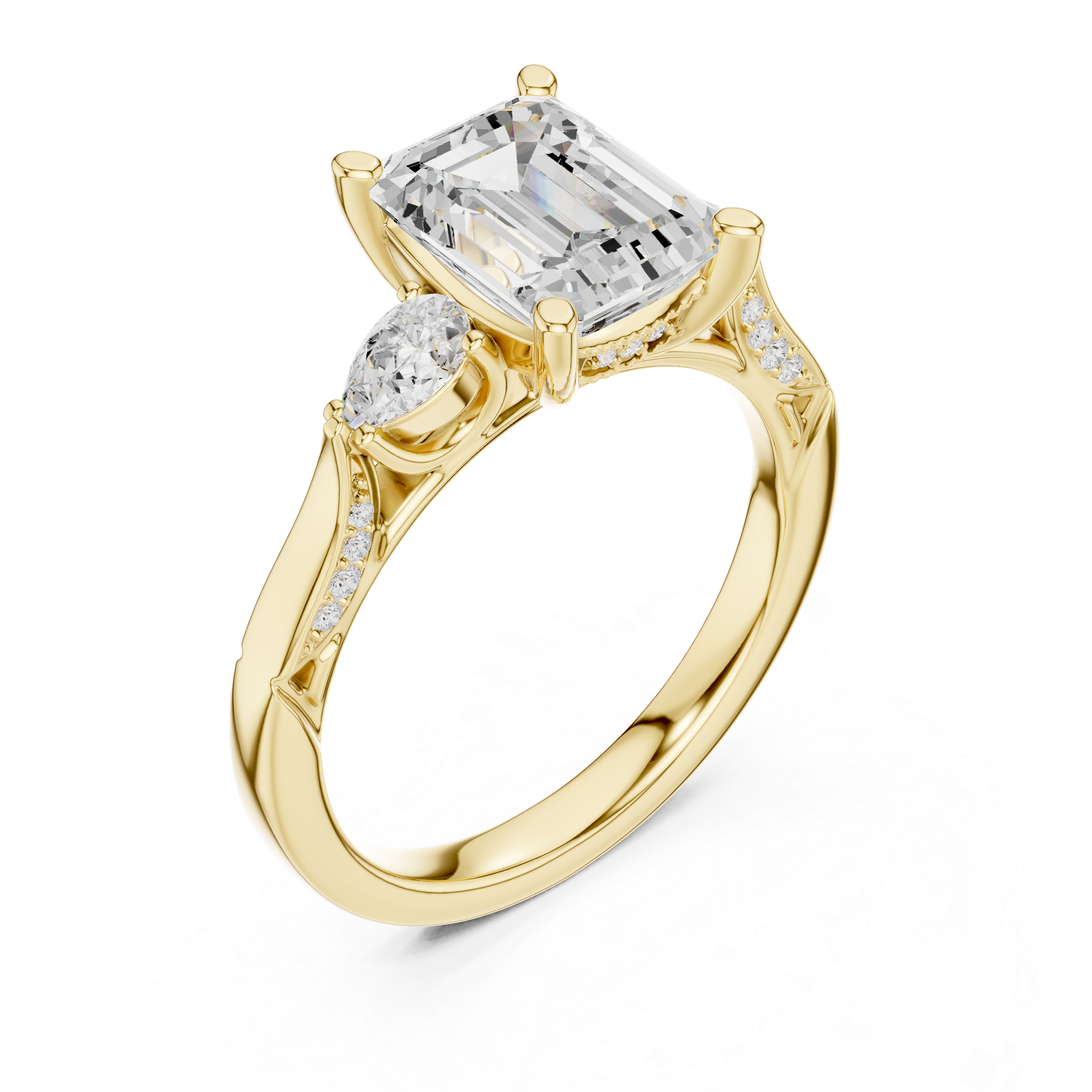 Emerald Cut Three Stone Engagement Ring with Pear Side Diamonds and Vintage Milgrain Details