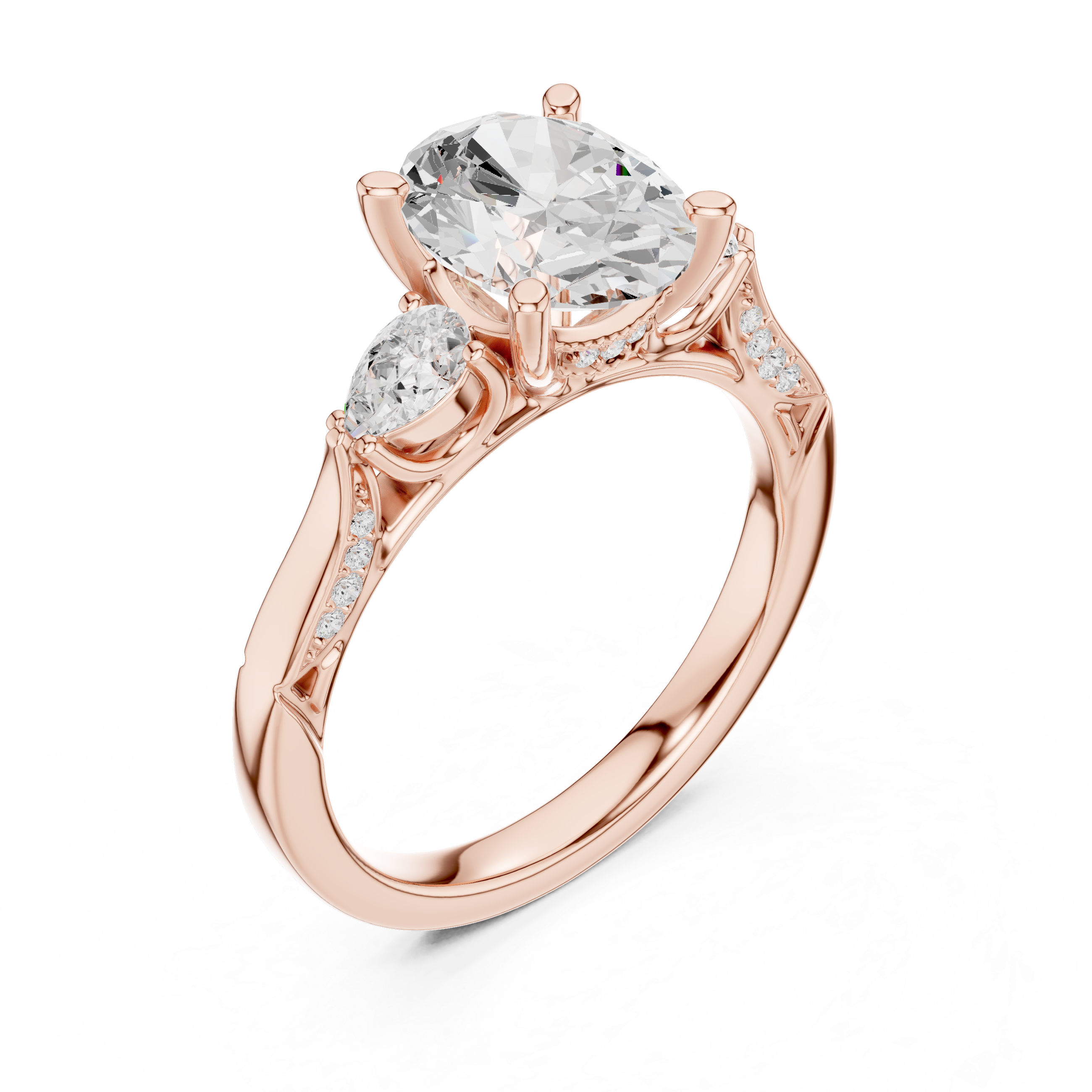 Oval Cut Three Stone Engagement Ring with Pear Side Diamonds and Vintage Milgrain Detailing