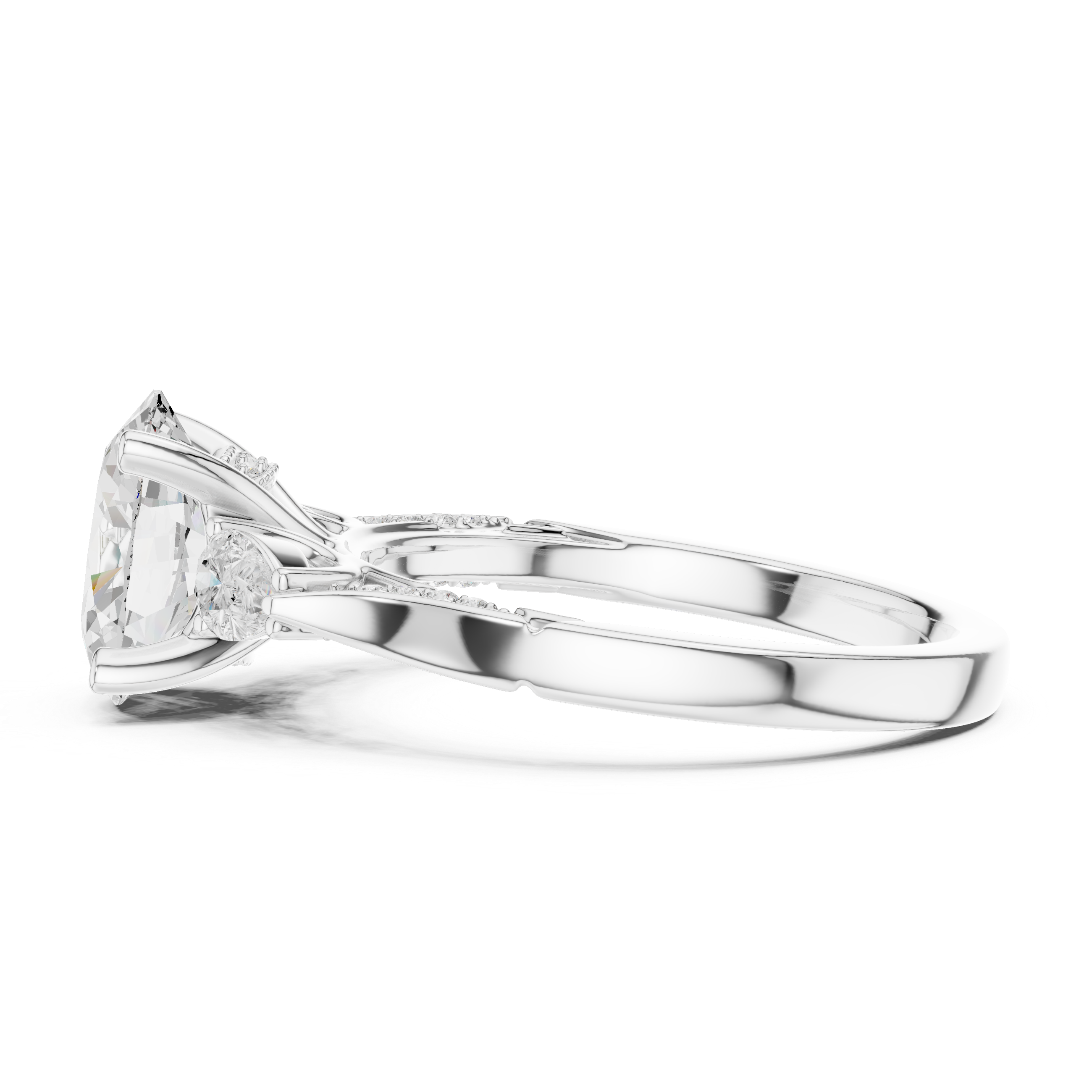 Oval Cut Three Stone Engagement Ring with Pear Side Diamonds and Vintage Milgrain Detailing