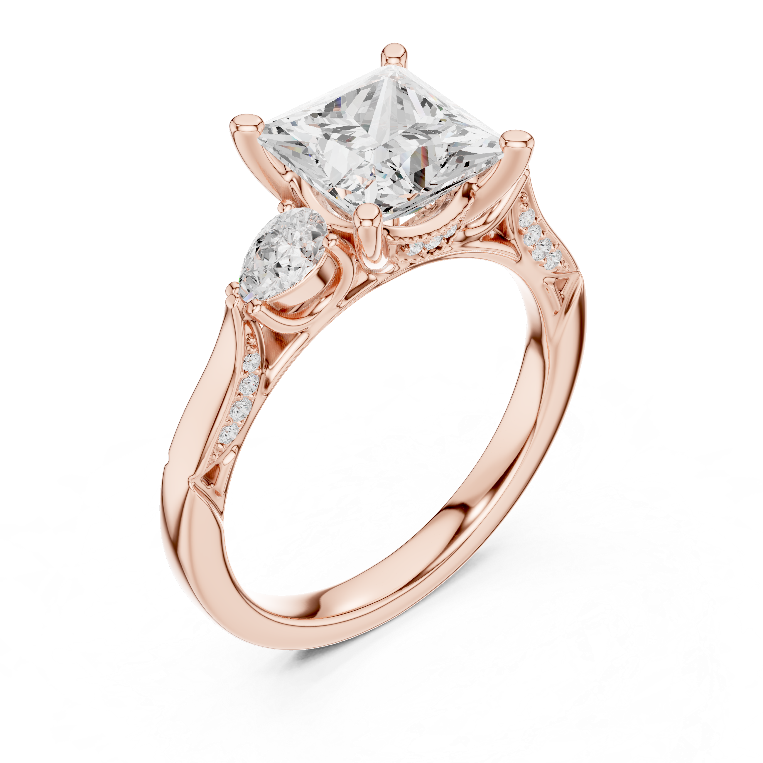 Princess Cut Three Stone Engagement Ring with Pear Side Diamonds and Vintage Milgrain Detail