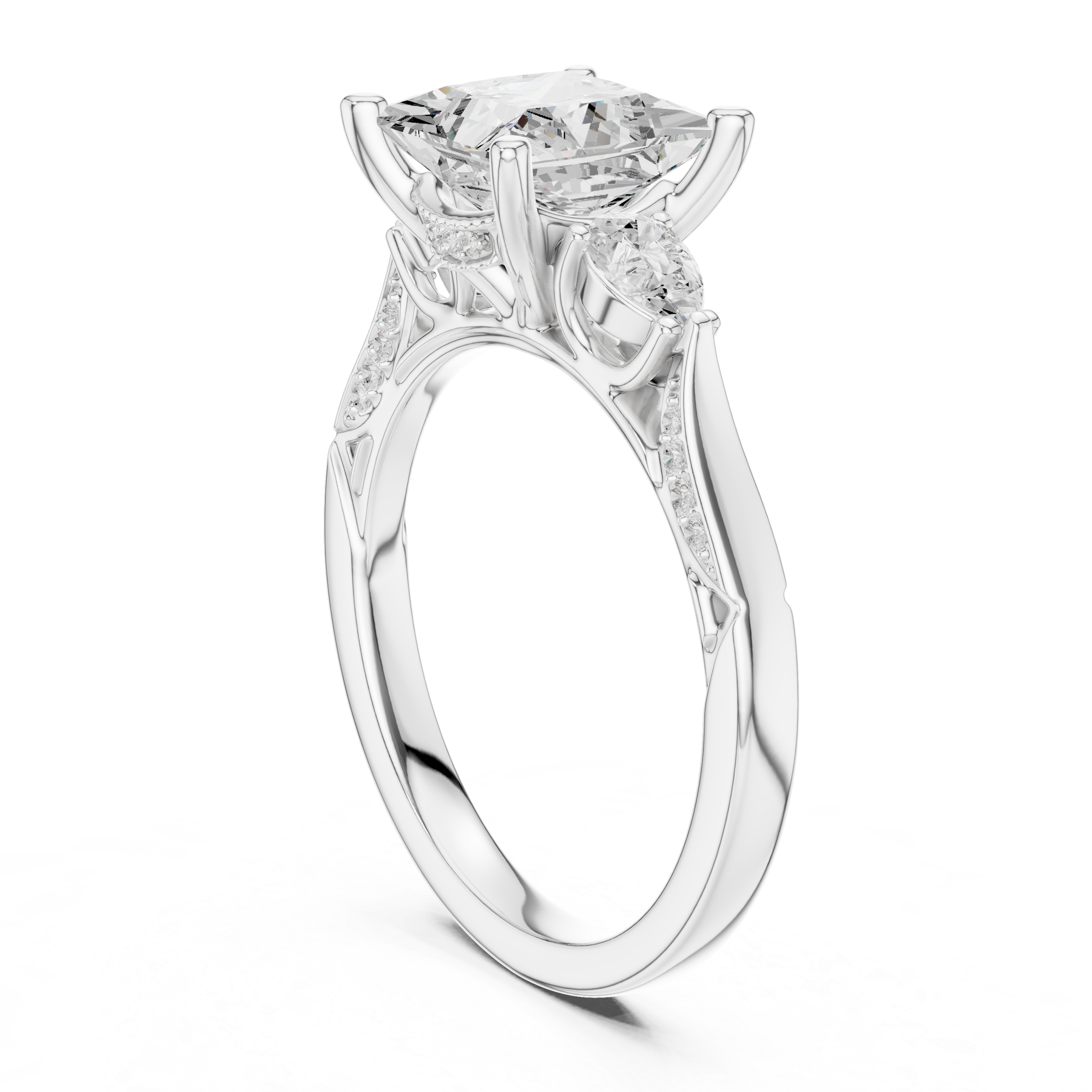 Princess Cut Three Stone Engagement Ring with Pear Side Diamonds and Vintage Milgrain Detail