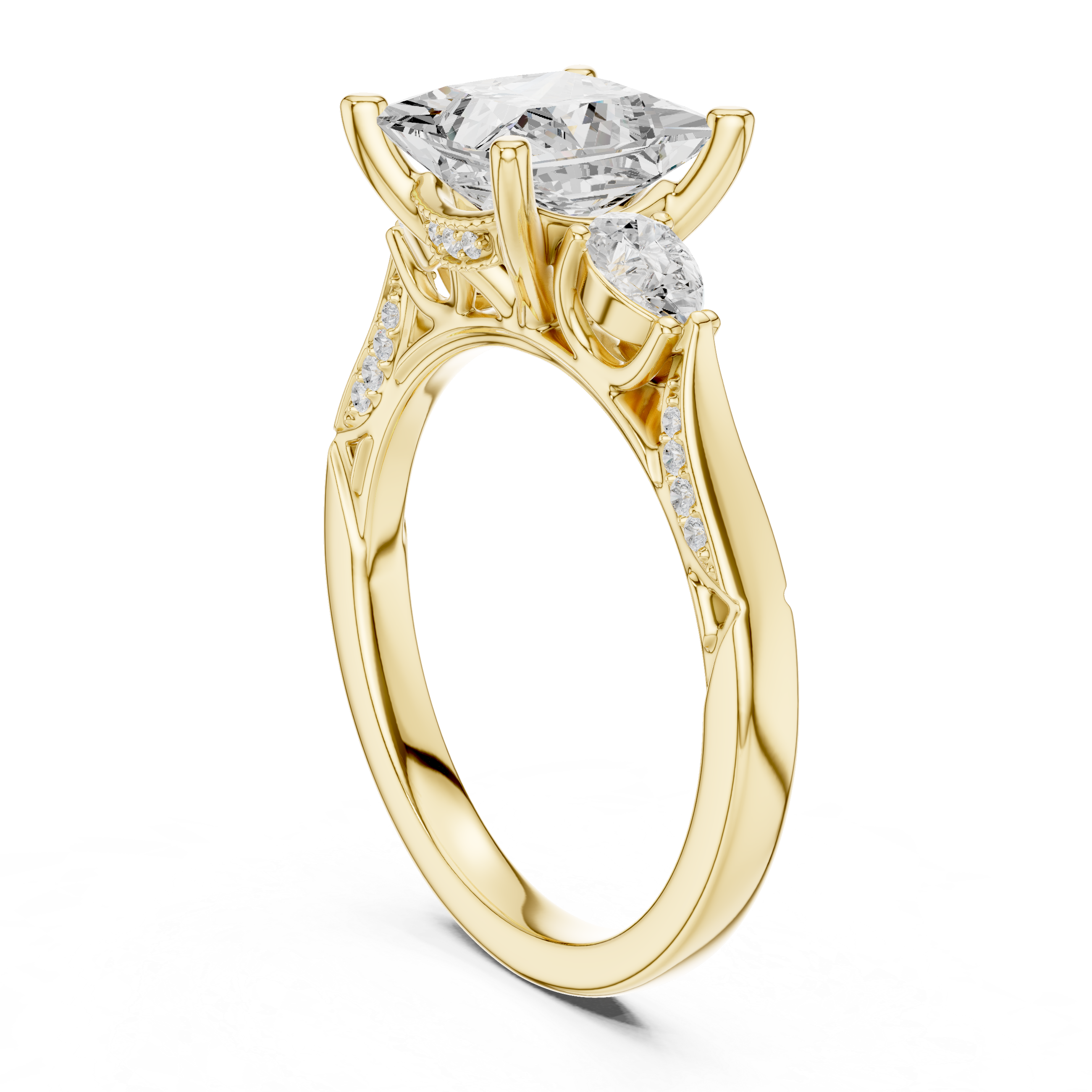 Princess Cut Three Stone Engagement Ring with Pear Side Diamonds and Vintage Milgrain Detail